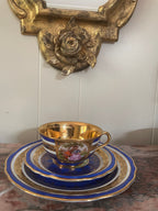 Vintage Set of 3 Blue & Gold Trim Froganard Design Collectible Cup Saucer Plate