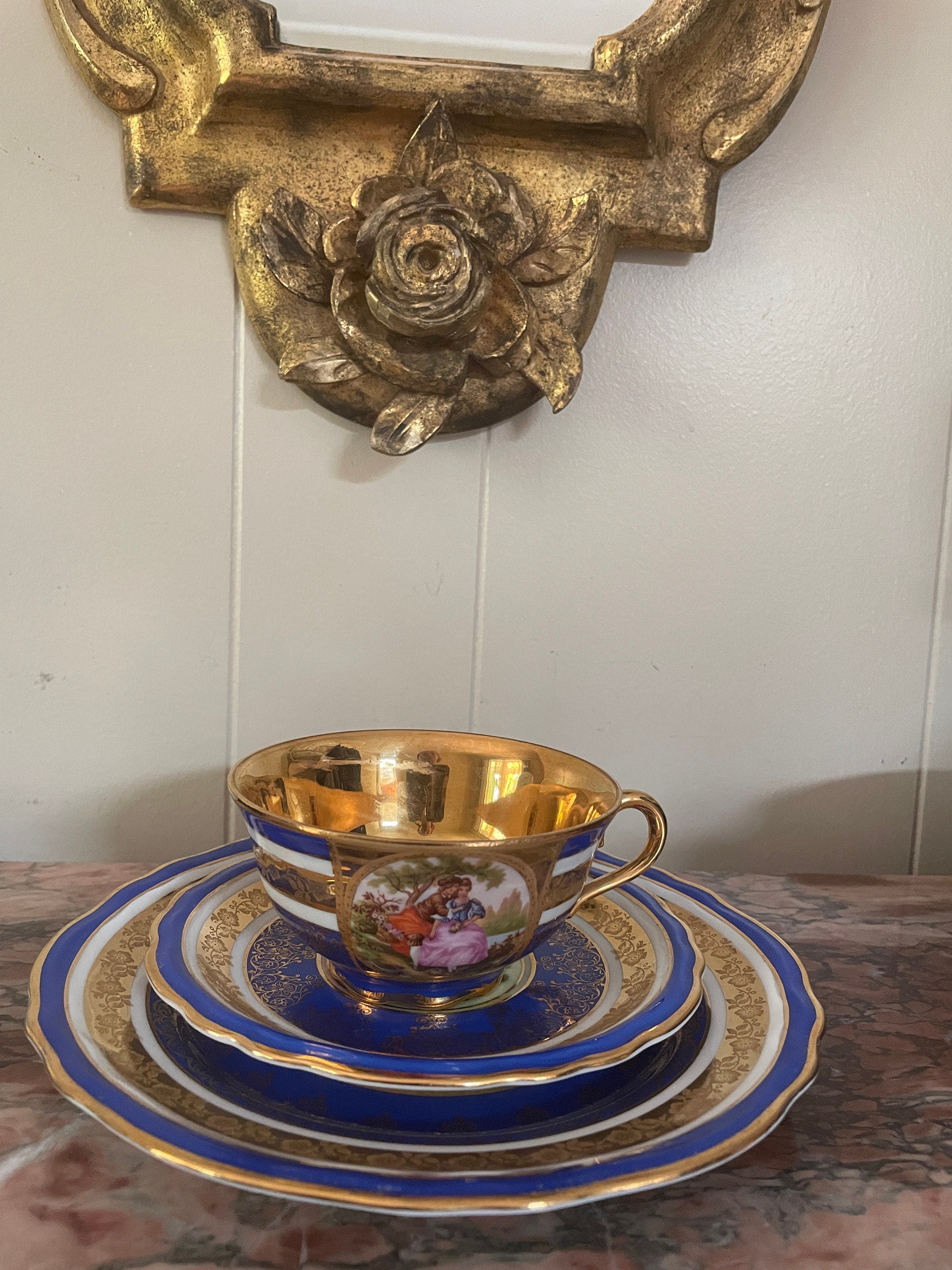 Vintage Set of 3 Blue & Gold Trim Froganard Design Collectible Cup Saucer Plate