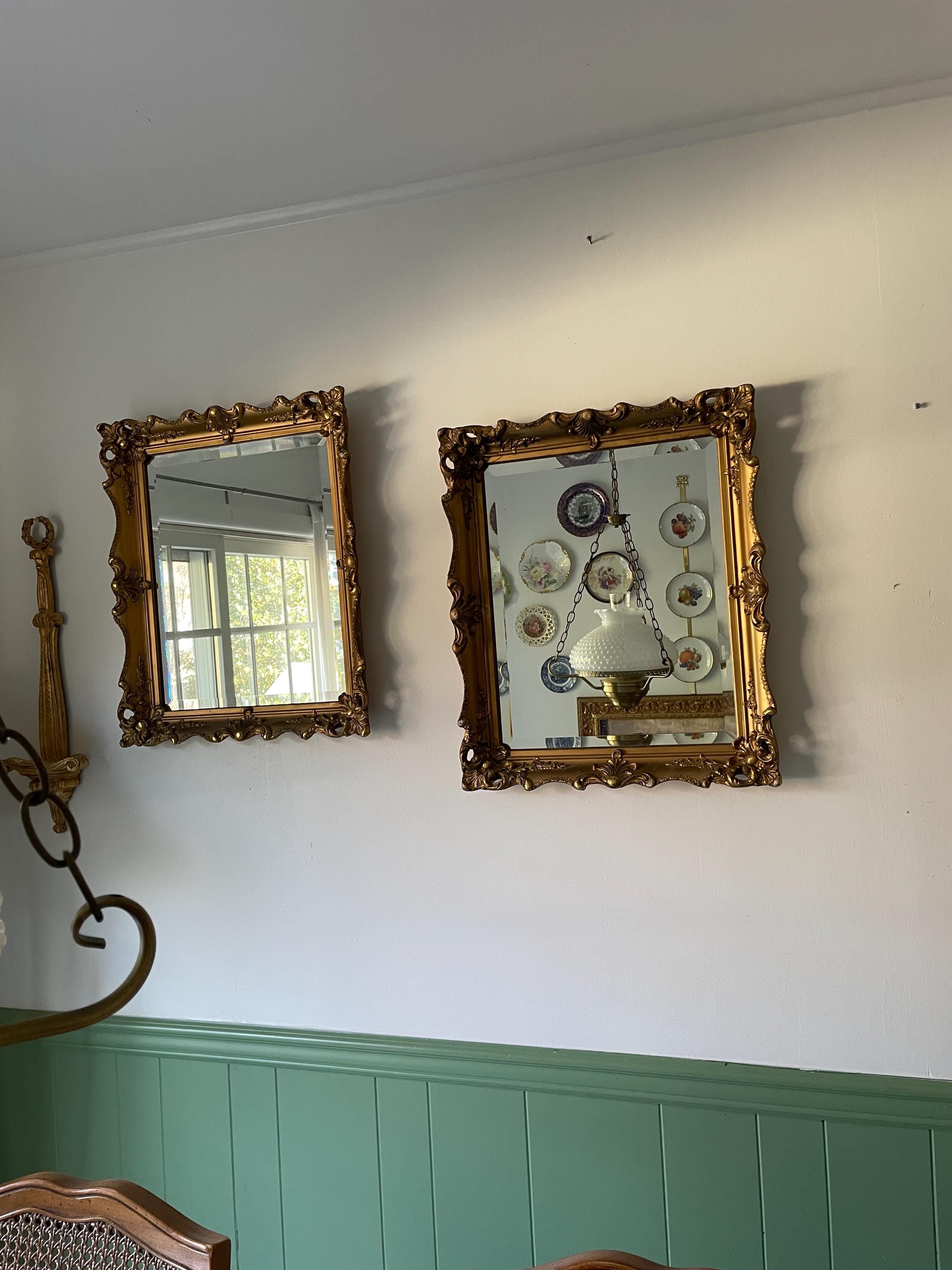 Vintage Pair of Gold Resin on Wood Wall Mirrors Art Deco Ornate Beveled Wall Mirrors Antique Baroque Style Decorative Mirror Home Decoration
