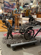 Large Bronze French Rickshaw Sculpture Antique Figurative Art Piece Decor