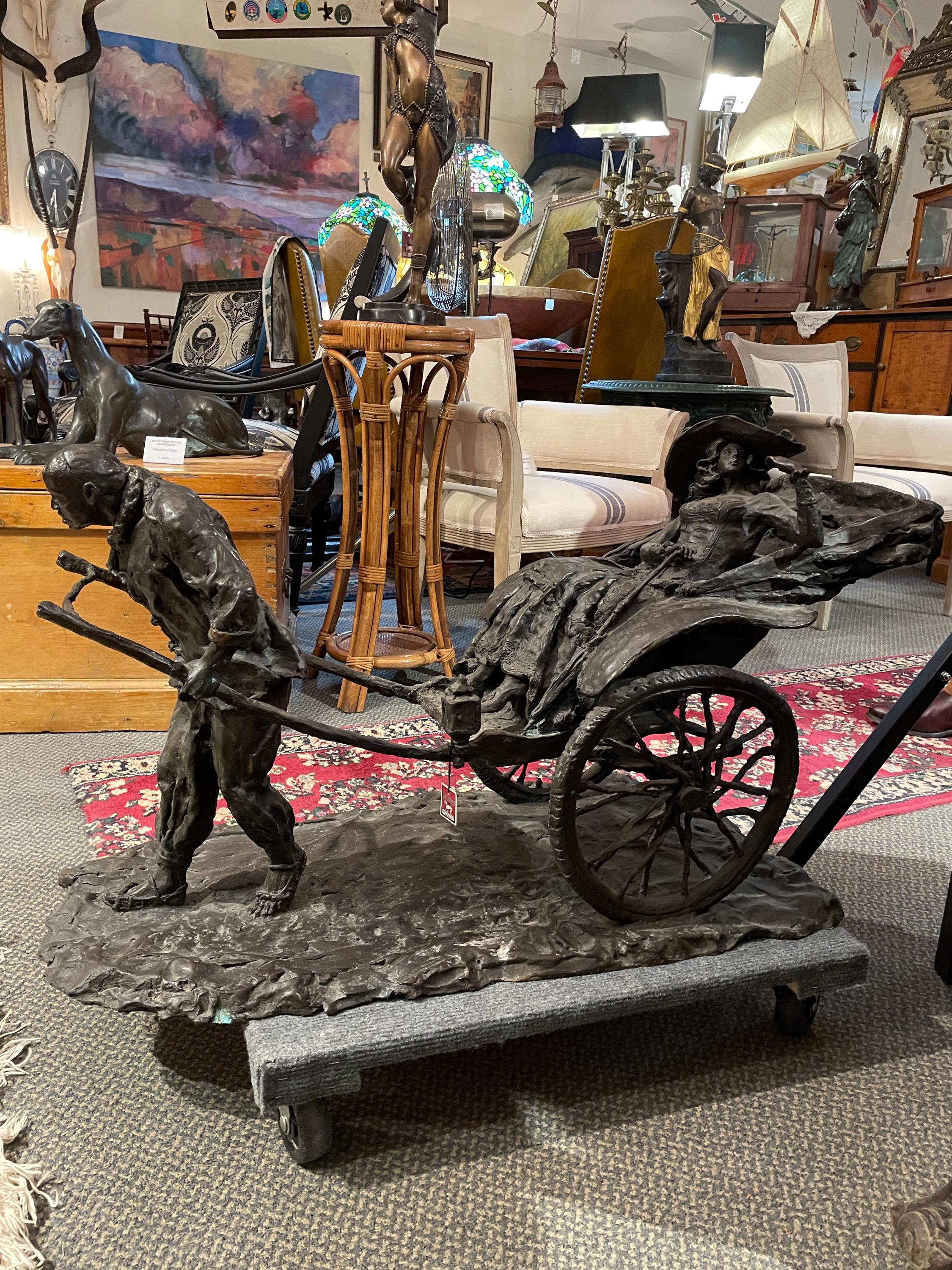 Large Bronze French Rickshaw Sculpture Antique Figurative Art Piece Decor