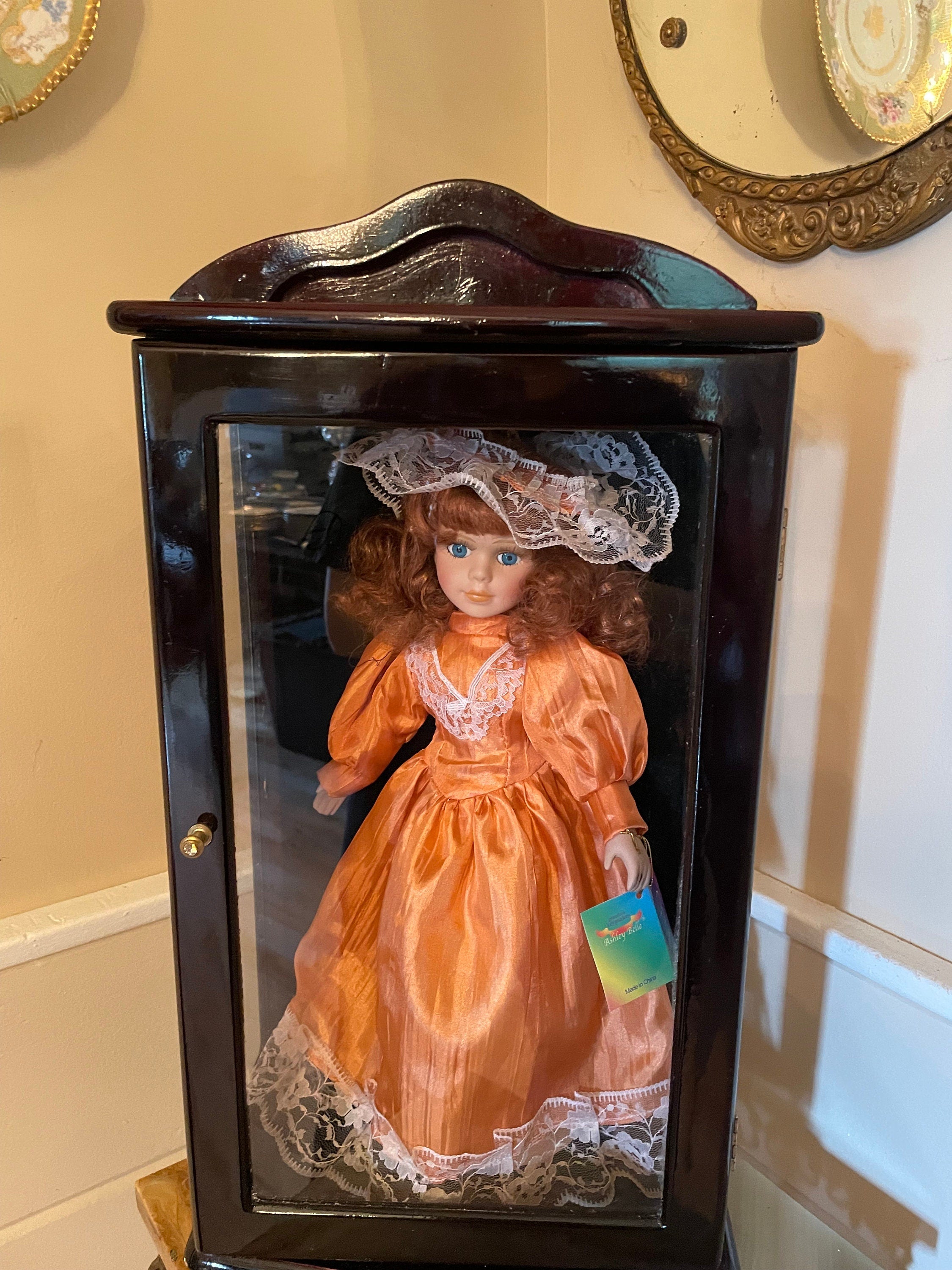 Ashley Belle Porcelain Doll Orange Satin Dress Lace Bonnet Collectible Display Figure Victorian Style Limited Edition Keepsake Beauty