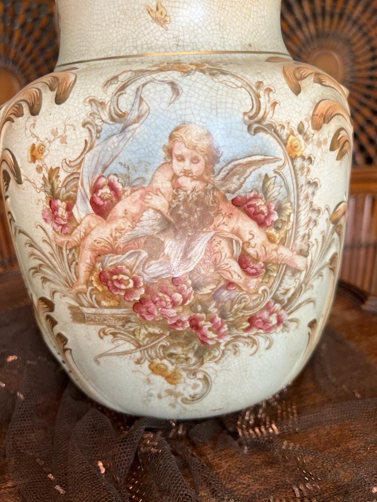 Large Vintage Rococo Vase Cherub Motif Floral Design Ornate Porcelain Gold Accents Decorative Angel Baroque French Style Romantic Chic