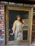 Antique Classical Oil Painting of a Woman with Roses | 19th Century Style Gilded Frame Wall Art Collectible Antique Artwork Home Decoration