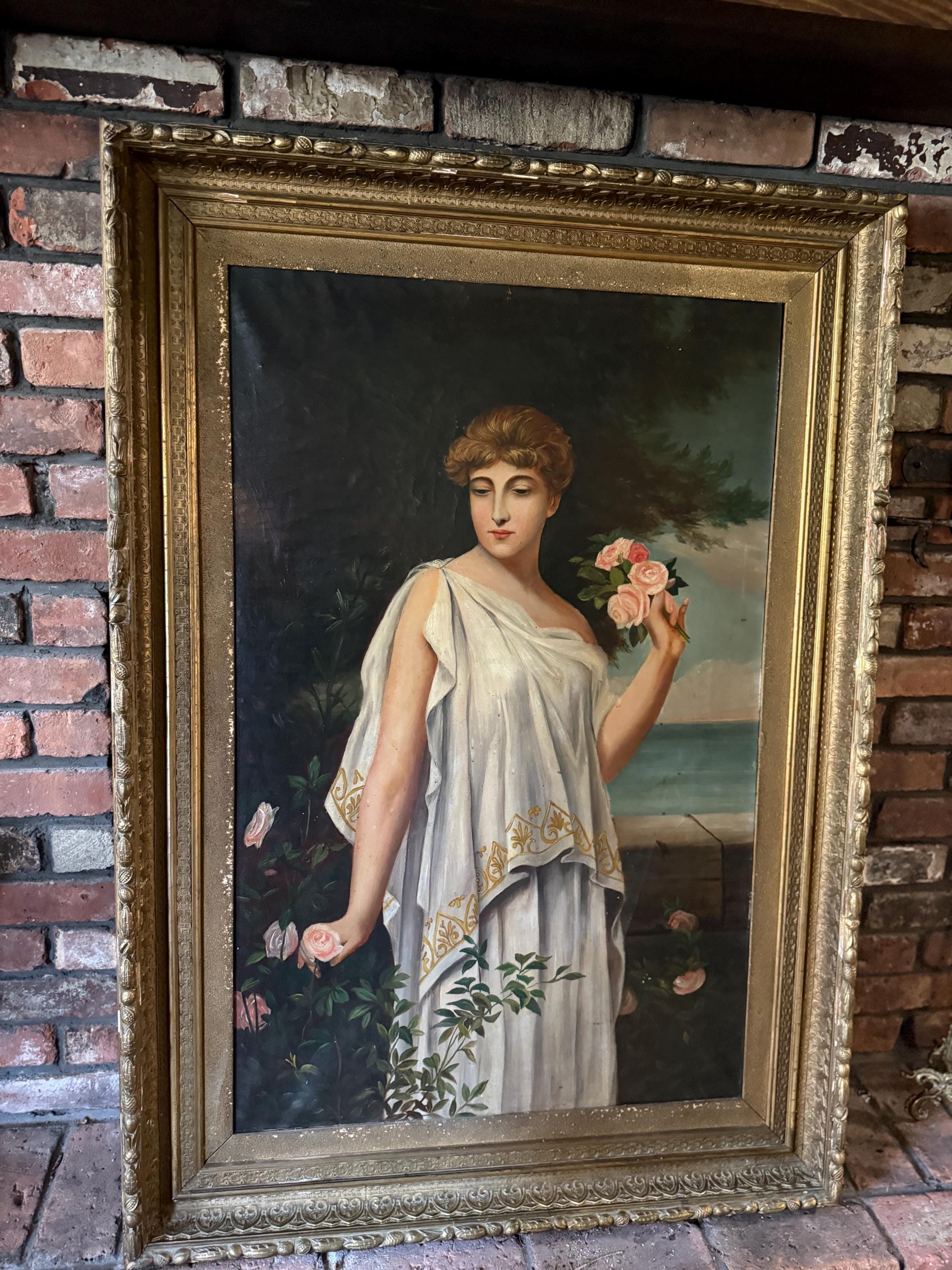 Antique Classical Oil Painting of a Woman with Roses | 19th Century Style Gilded Frame Wall Art Collectible Antique Artwork Home Decoration