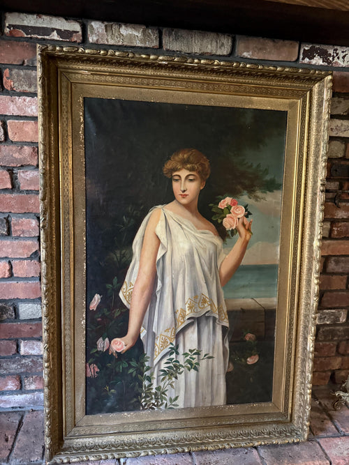 Antique Classical Oil Painting of a Woman with Roses | 19th Century Style Gilded Frame Wall Art Collectible Antique Artwork Home Decoration