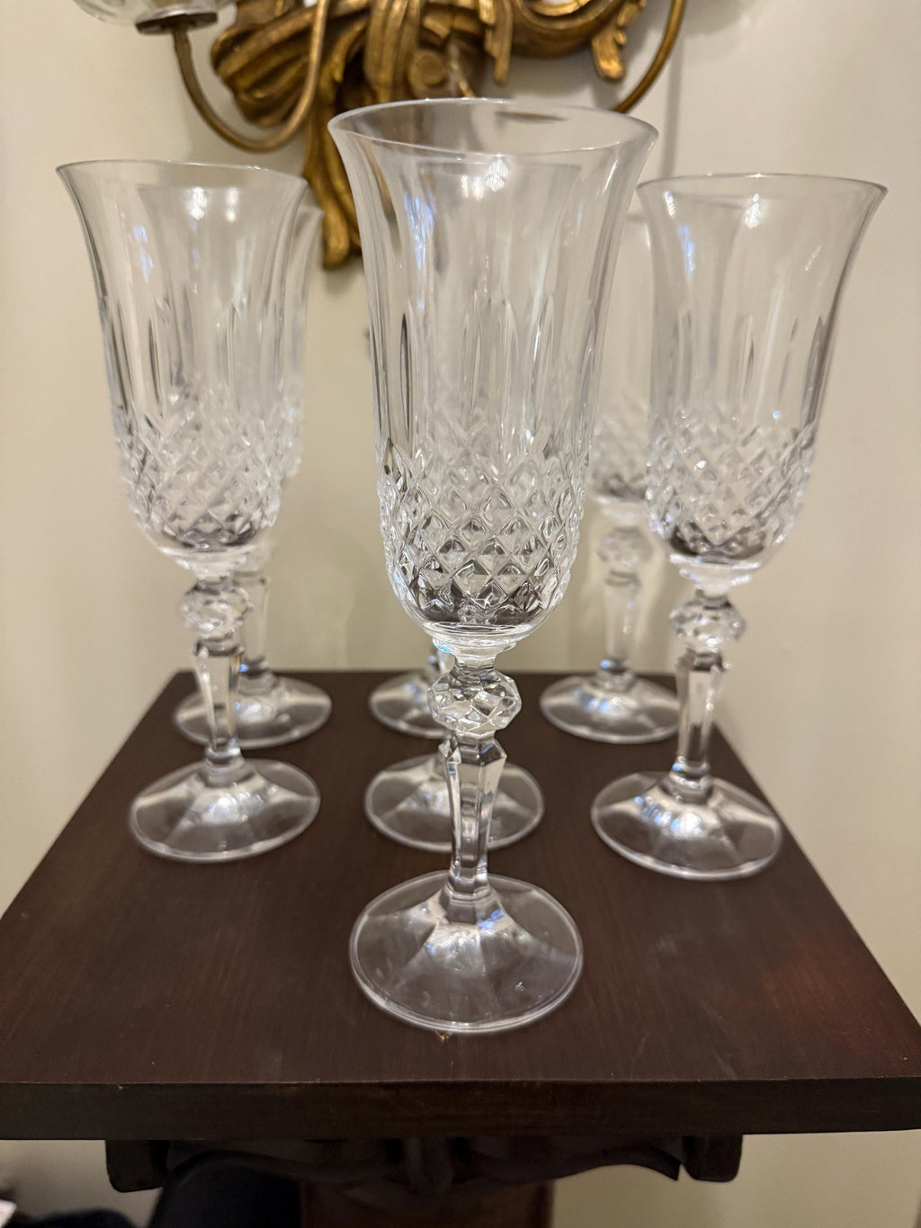 Vintage Cut Crystal Wine Glasses Set of 7 Faceted Stemware with Flared Rims  Elegant European Style Clear Glass Goblets Glassware Set