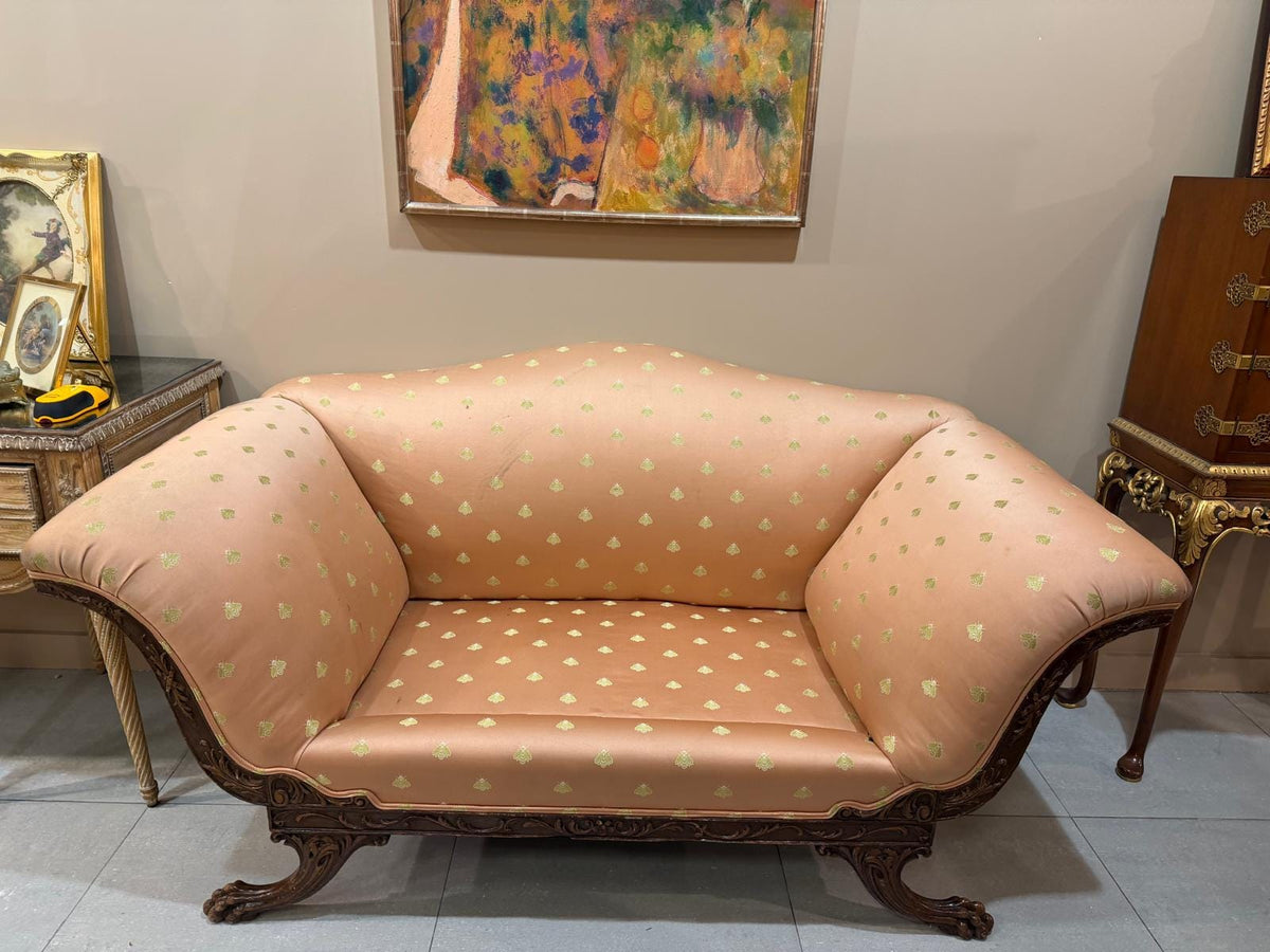 Antique Carved Wood Loveseat Silk Fabric Sofa French Style Peach Upholstery Gilded Motif Curved Back Vintage Settee Luxurious Furniture