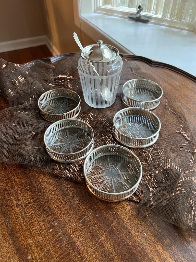 Vintage Silver Rim Glass Coasters Set Of Five Plus Etched Glass Sugar Jar With Lid Spoon Elegant Barware Tea Party Table Decoration Unique