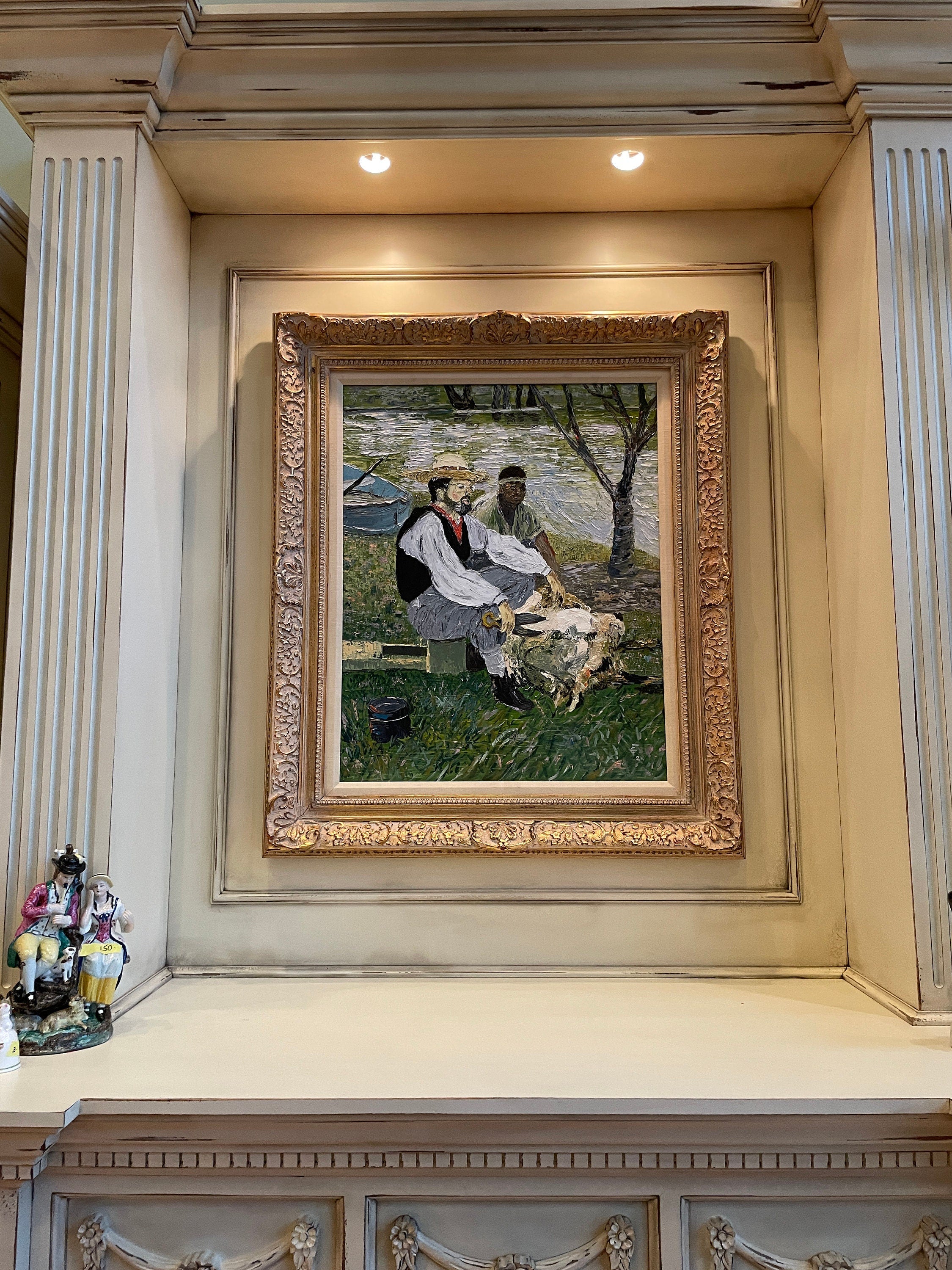 Framed Impressionist Oil Painting Pastoral Scene River Men Shearing Sheep Gilt Wood Frame Signed Wall Art Decoration Thick Brush Strokes
