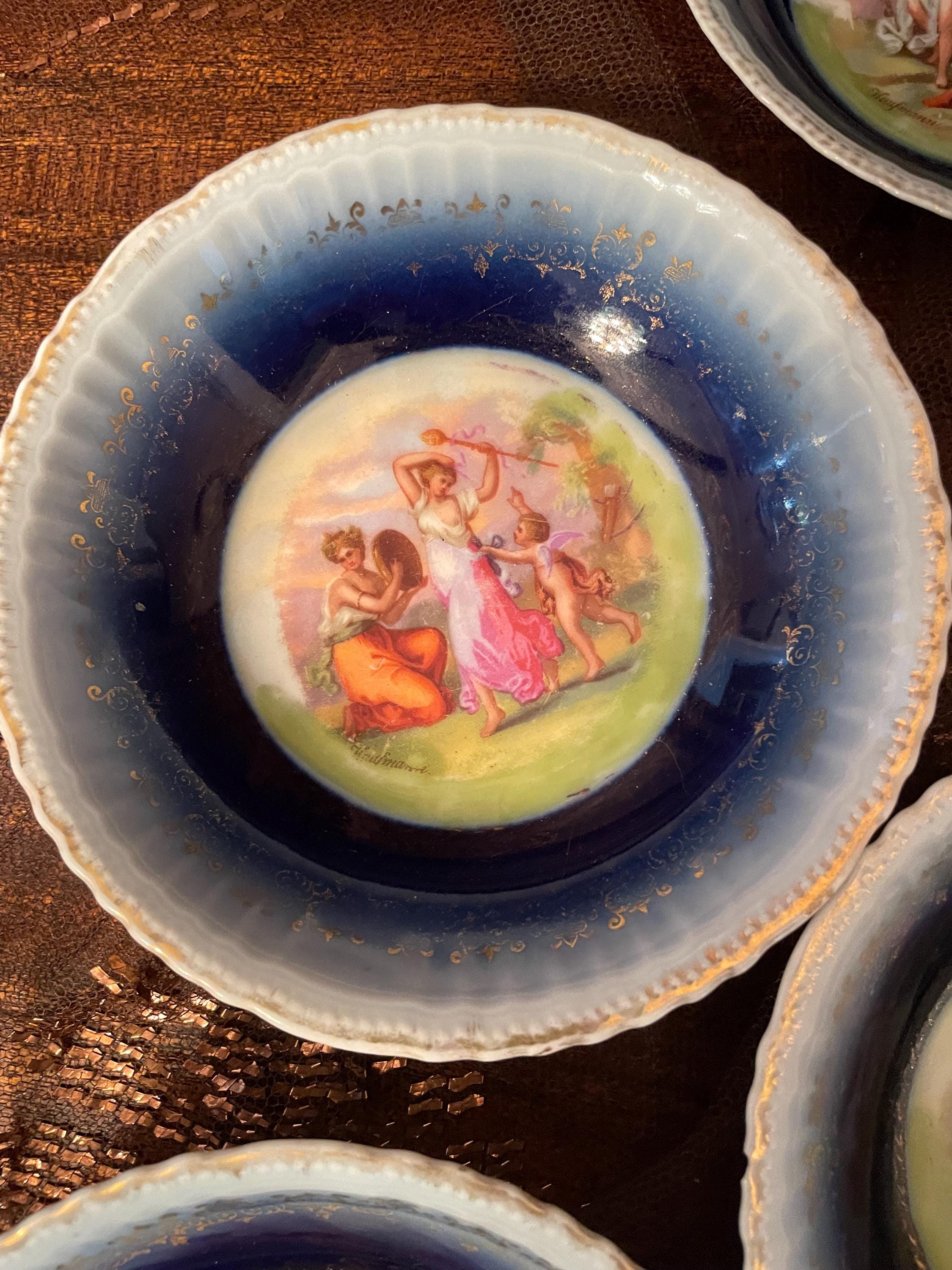 Vintage Cobalt Blue Porcelain Bowl Set Mythological Romantic Scenes Gold Trim Embossed Edges Decorative European Tableware Art Collectible