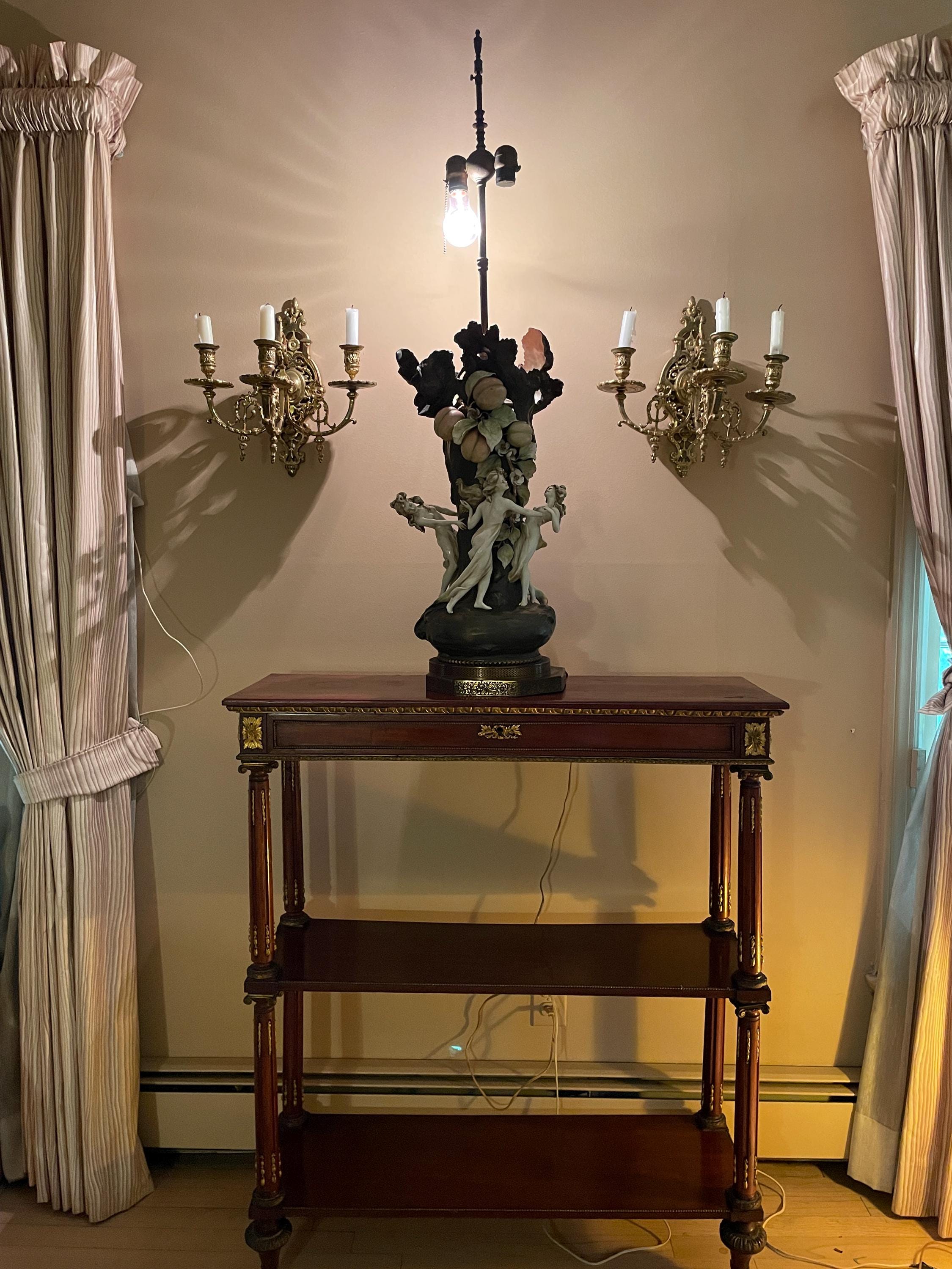 Art Nouveau German Porcelain Nymphs Figural Large Lamp