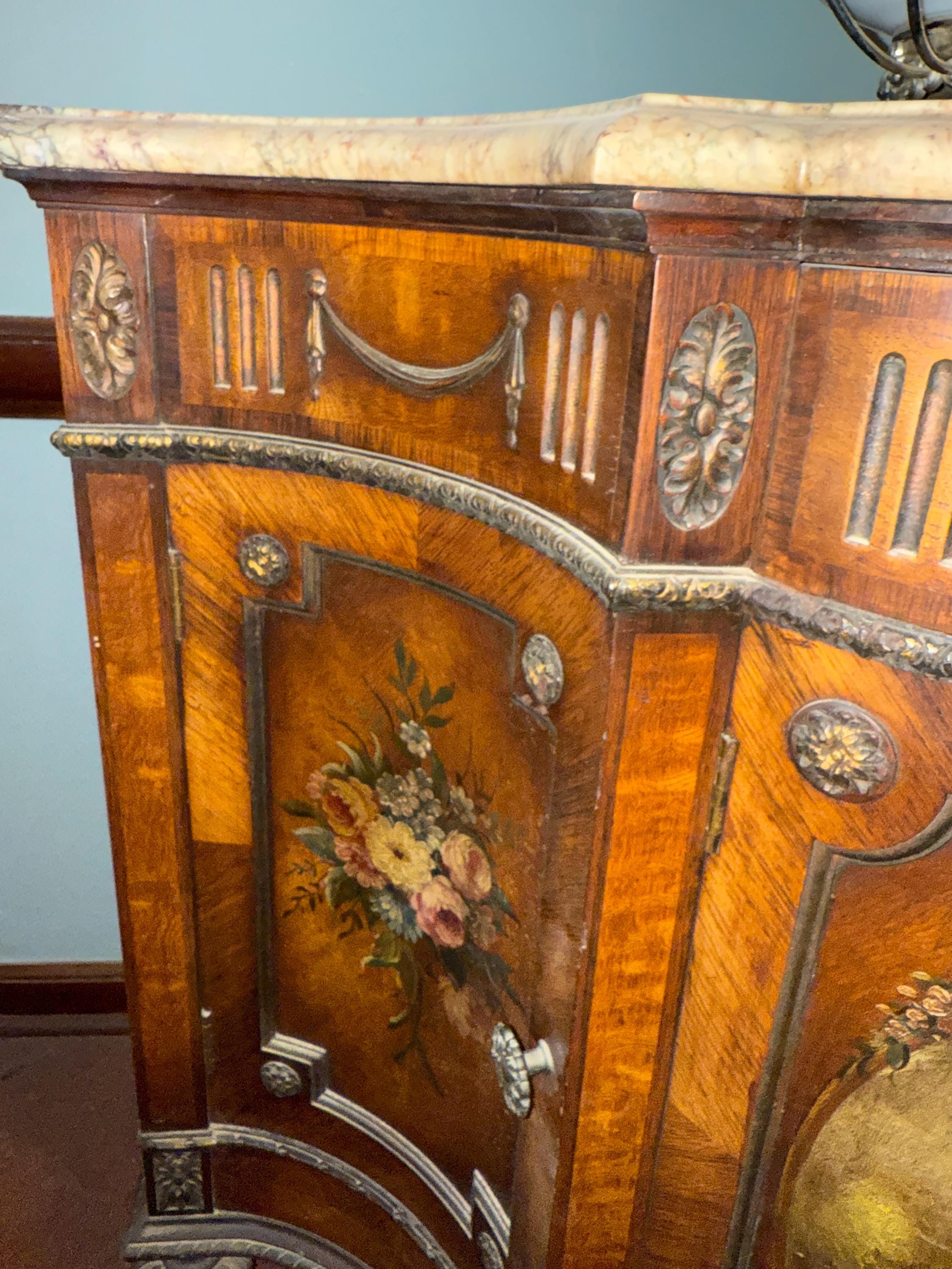 Antique French Marble Top Sideboard Hand Painted Panels Louis XV Style Painted Cabinet Elegant Drawers Luxurious Furniture Console Buffet