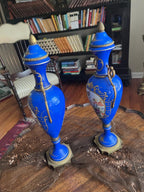Antique French Cobalt Blue Porcelain Vases Pair Floral Urns Gilt Bronze Handles Victorian Home Decor Elegant Collectible Display Piece