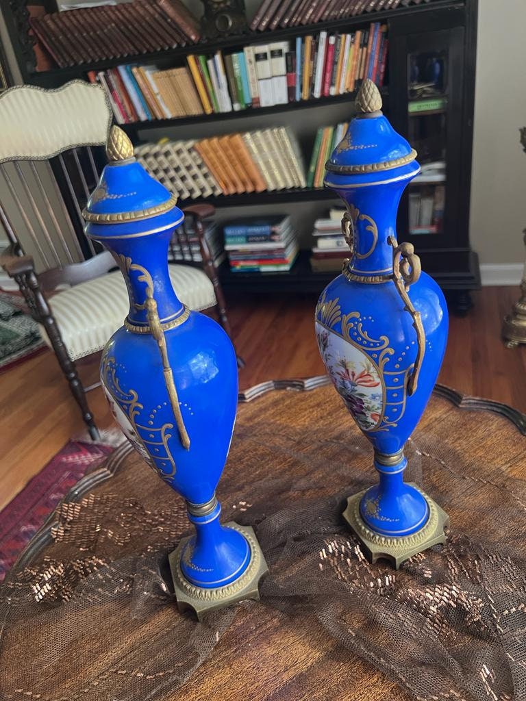 Antique French Cobalt Blue Porcelain Vases Pair Floral Urns Gilt Bronze Handles Victorian Home Decor Elegant Collectible Display Piece