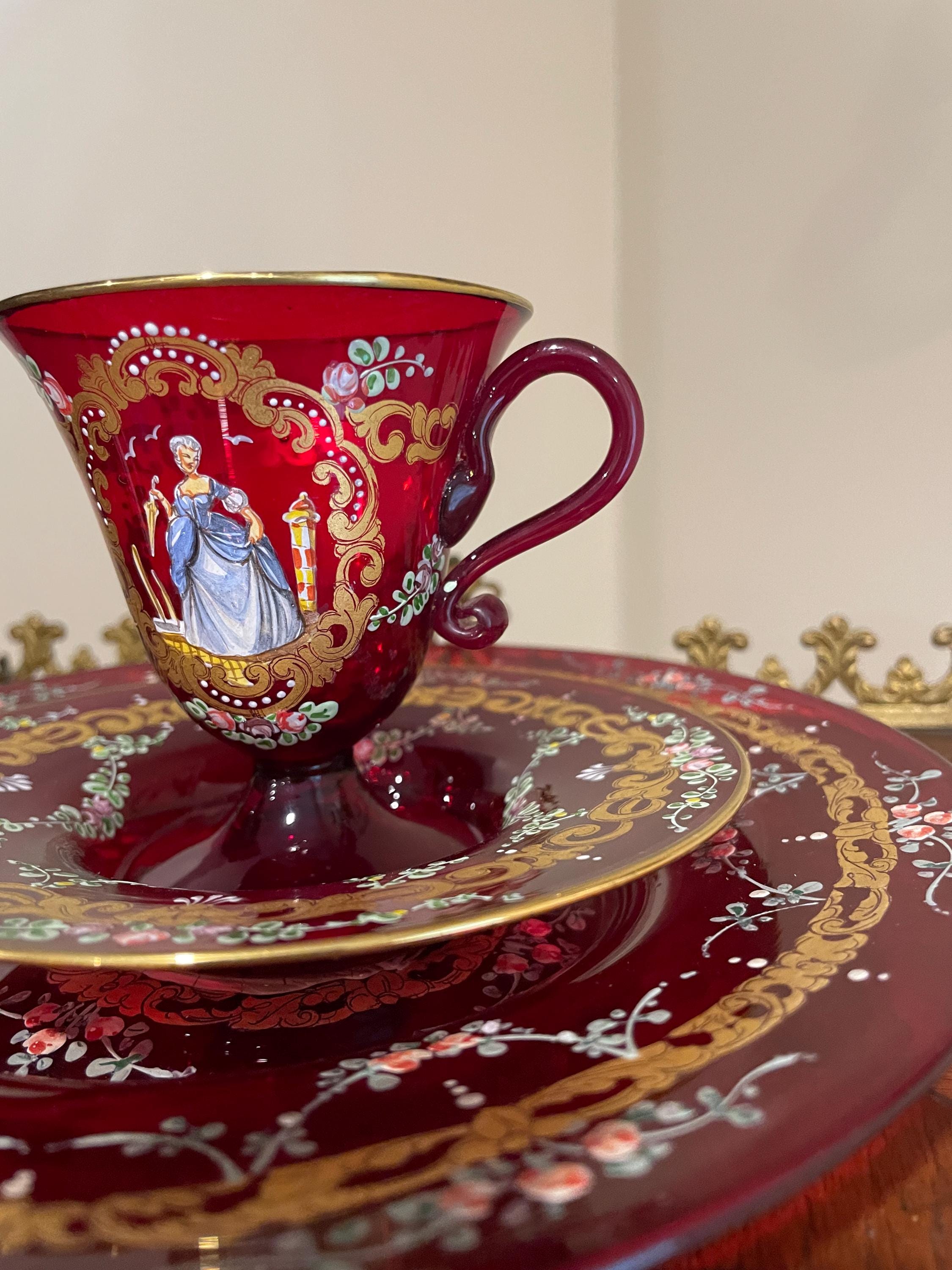 Bohemian Cranberry Glass Demitasse Cup Saucer Plate Set Gold Gilt Hand Painted Portrait Rococo Style Antique Display Tableware Décor