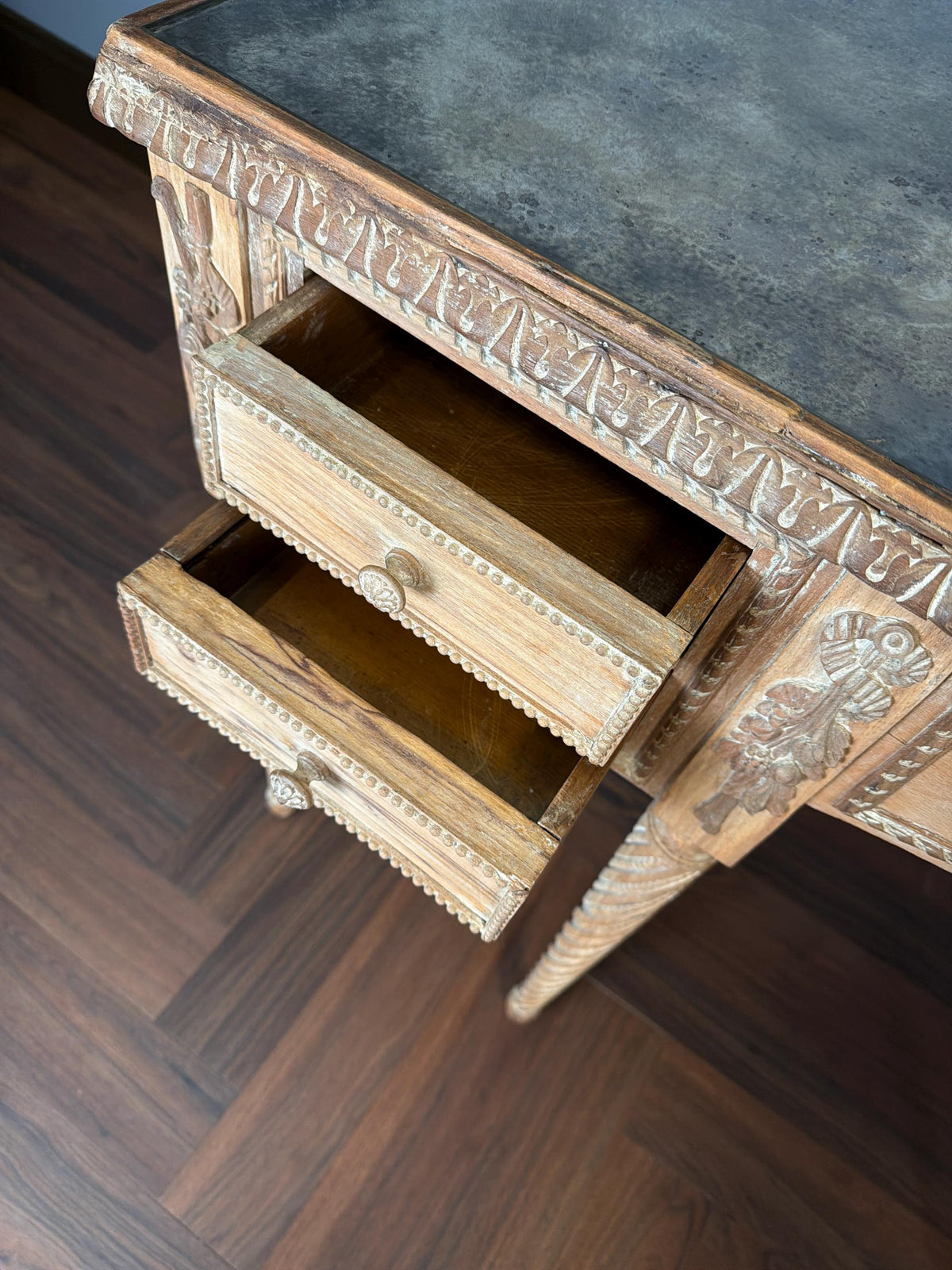 Vintage French Neoclassical Desk, Antiqued Mirrored Top, Carved Ribbon Detail, Fluted Legs