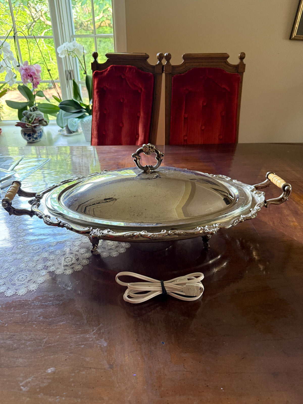 Vintage Electric Warming Tray Glass Dish Buffet Silver Covered Serving Dish Tureen Elegant Large Oval Lid Handles Victorian Buffet Display