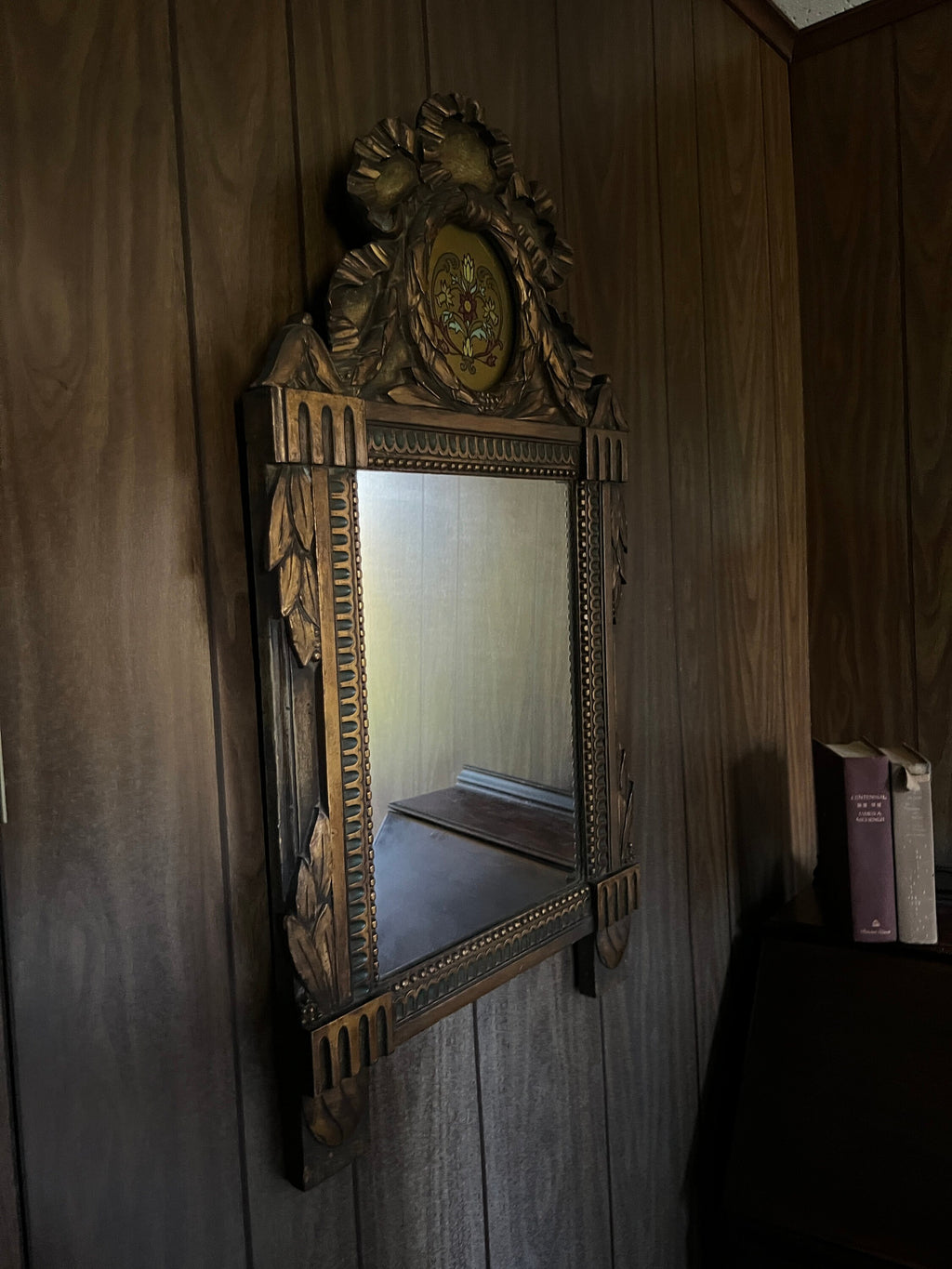 French Style Impressive Antique Gold GiltTrumeau Wood Mirror Hand Carved Floral Reverse Painting Ribbon Crest Frame Tulip Folk Art Style
