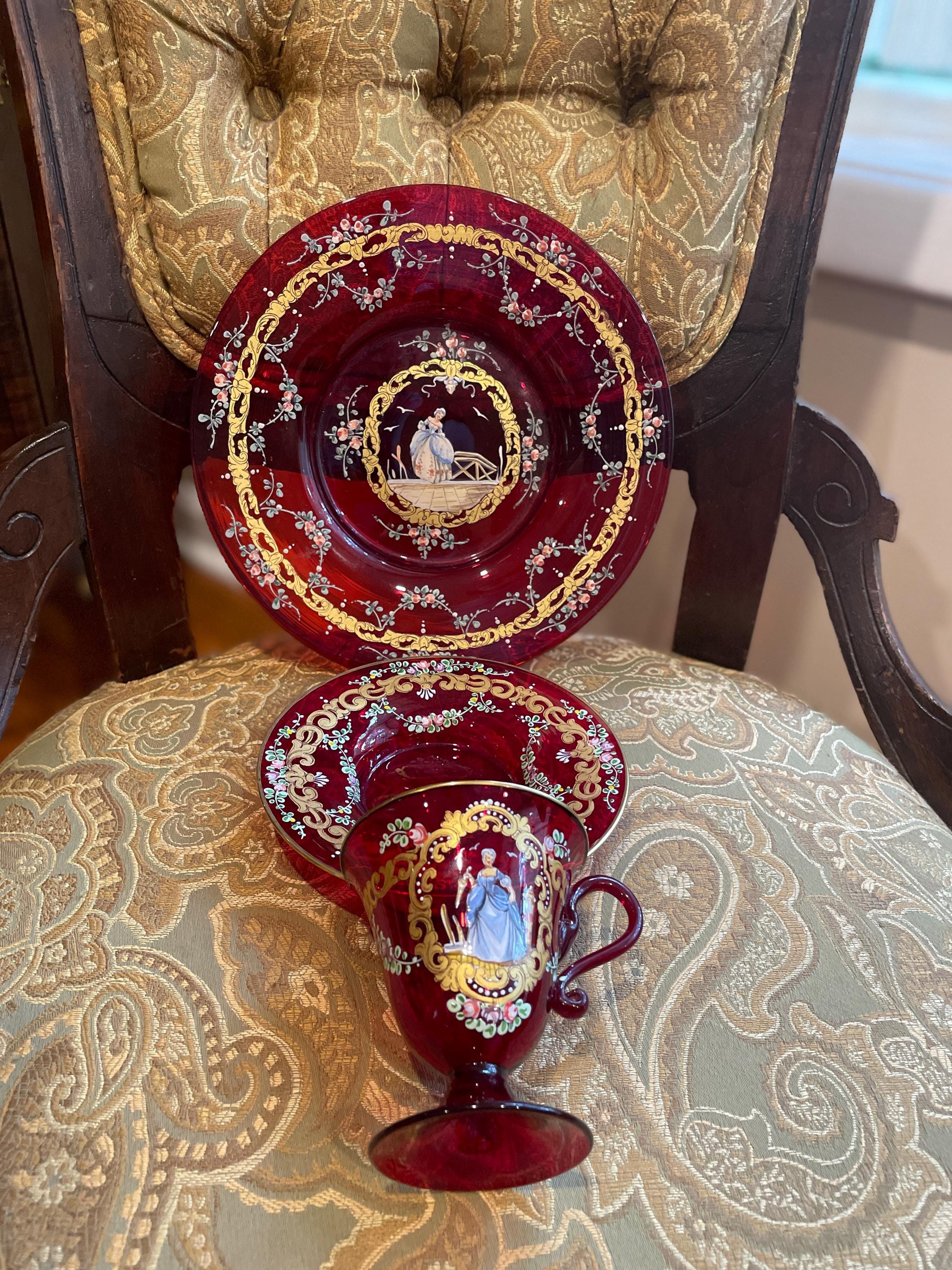Bohemian Cranberry Glass Demitasse Cup Saucer Plate Set Gold Gilt Hand Painted Portrait Rococo Style Antique Display Tableware Décor