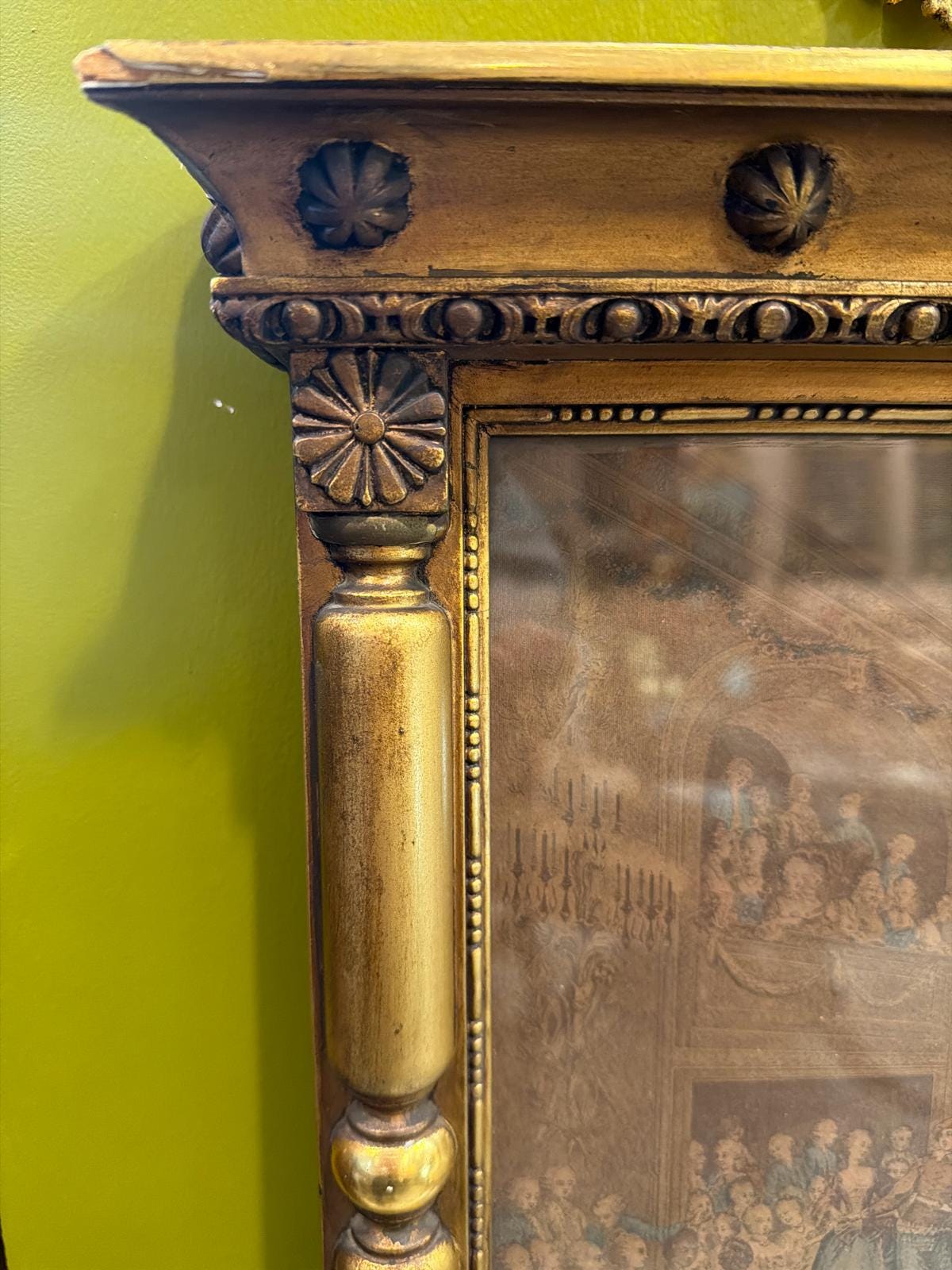 Antique French Trumeau Mirror with Engraved Scene Panel, Gilt Wood Frame, 19th Century