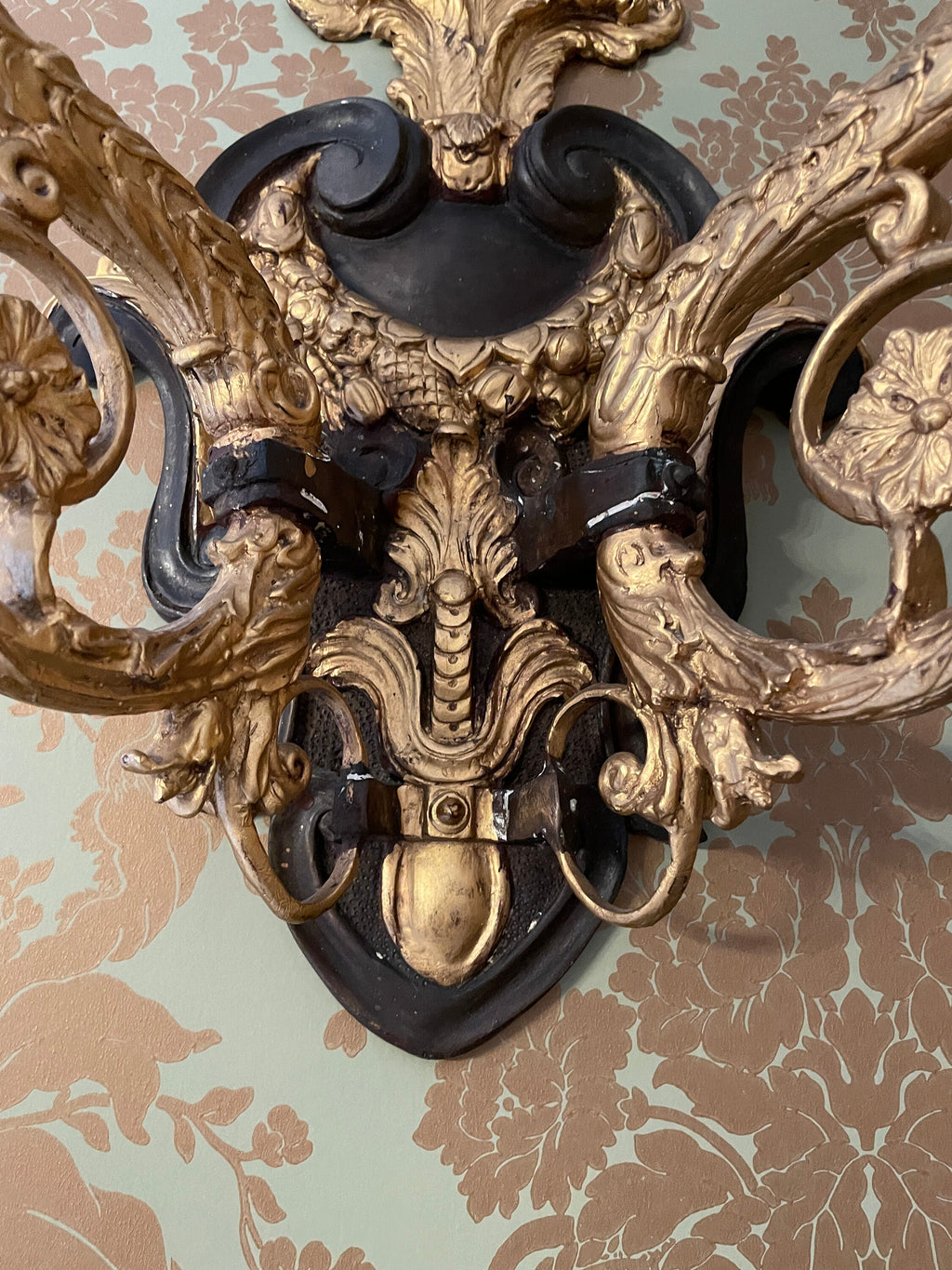 Pair of Vintage Heavy Gold Cast Iron Candlestick  Wall Sconces