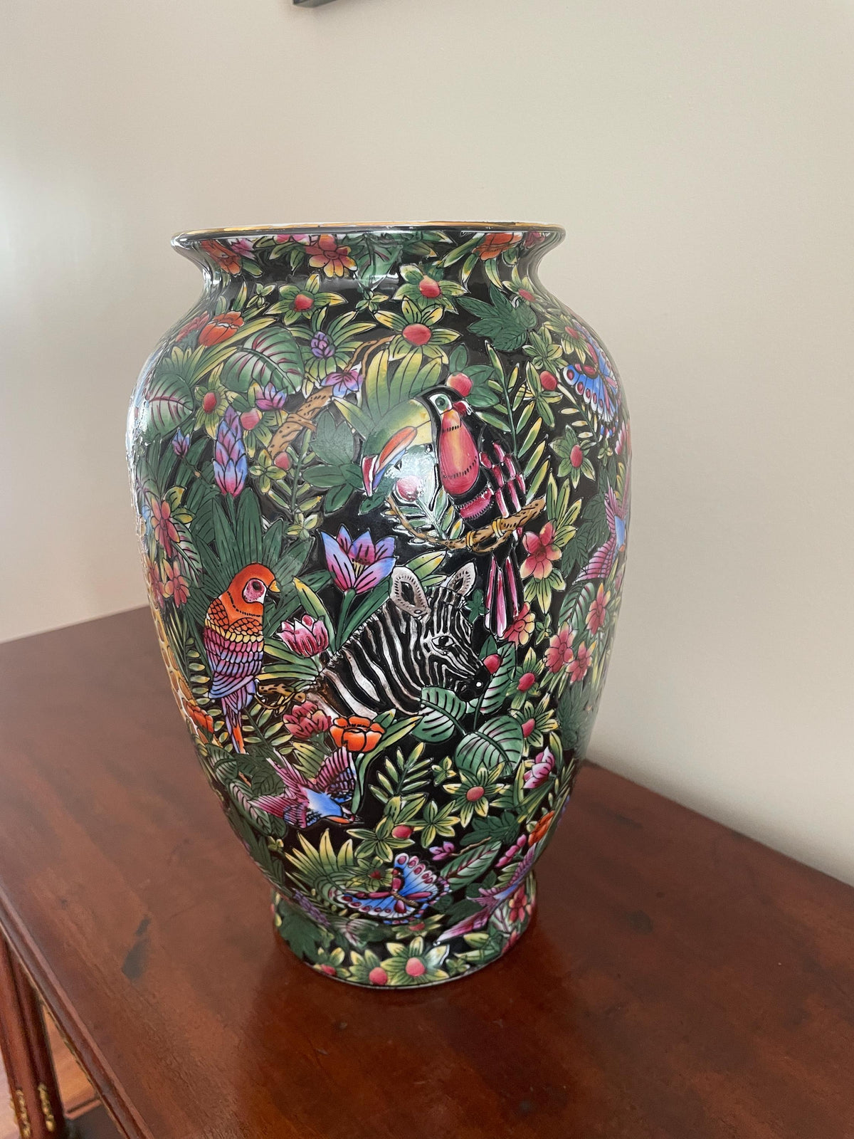 Vintage Matching Hand-Painted Vase Framed Oil Painting Set Zebra Art Wildlife Vase Set Same Artist Wall Art Wood Frame Floral Animal Motifs