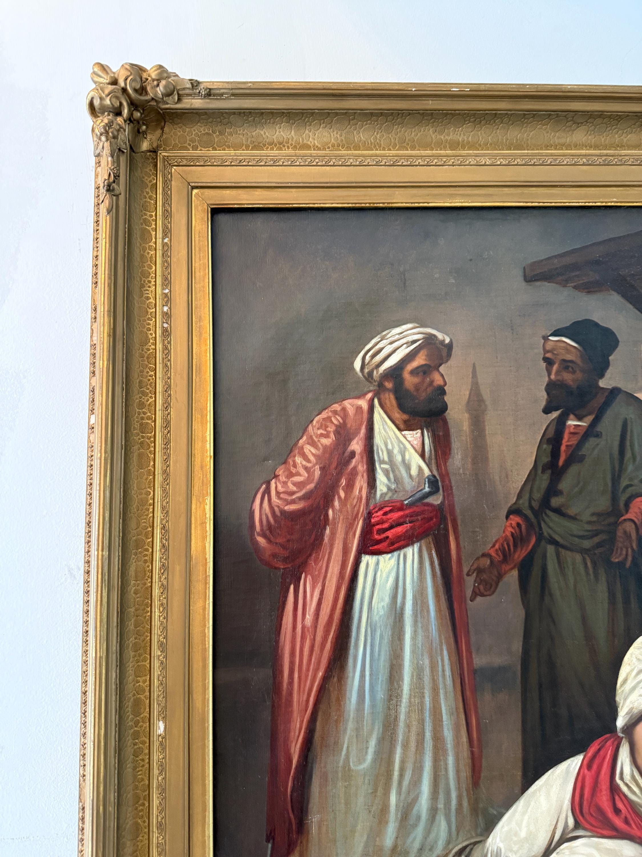 Antique Orientalist Oil Painting  Middle Eastern Scene with Figures Large Framed Original Artwork 19th Century Style Collectible Artwork