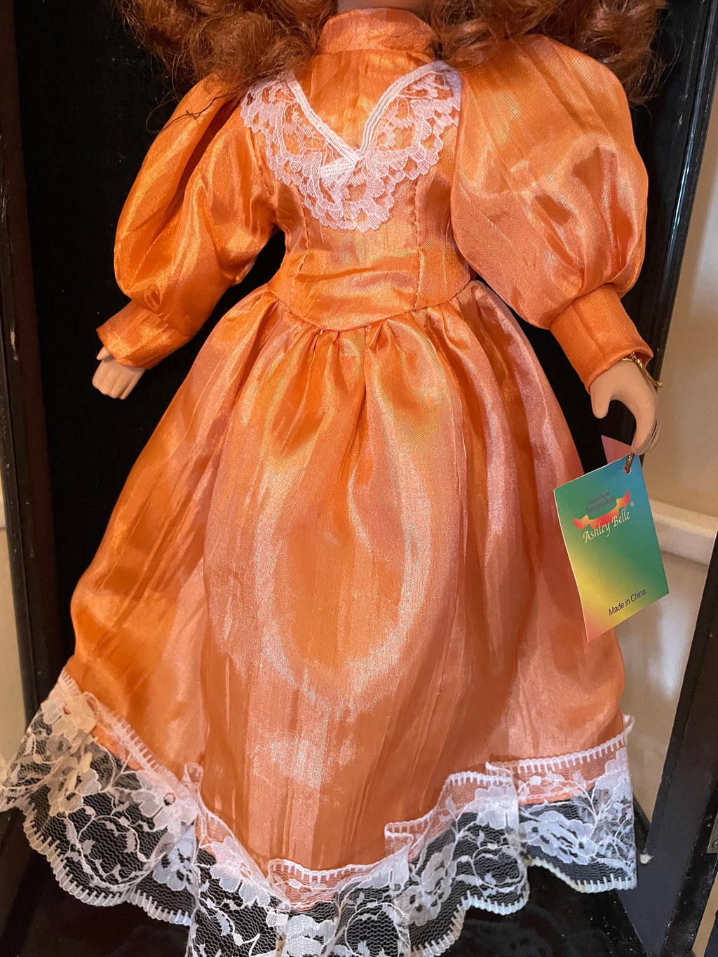 Ashley Belle Porcelain Doll Orange Satin Dress Lace Bonnet Collectible Display Figure Victorian Style Limited Edition Keepsake Beauty