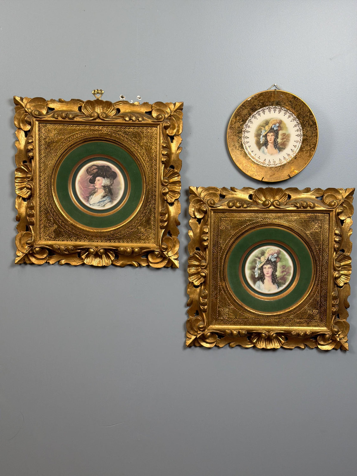 Vintage Gilt Framed Porcelain Portrait Plates Set of 3, Rococo Victorian Lady Wall Decor