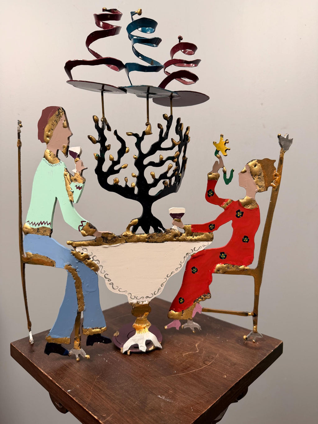 Vintage Hand-Painted Metal Judaica Folk Art Sculpture – Menorah Celebration Couple Table Scene