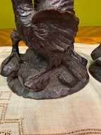 Antique Black Forest Hand Carved Bird Candlesticks Pair Oak Leaves Acorns Alpine Folk Art Wooden Candle Holders