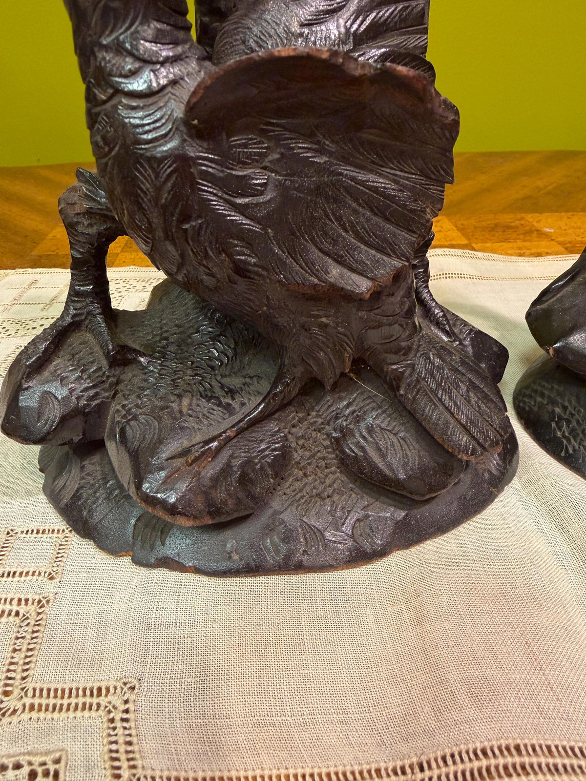 Antique Black Forest Hand Carved Bird Candlesticks Pair Oak Leaves Acorns Alpine Folk Art Wooden Candle Holders