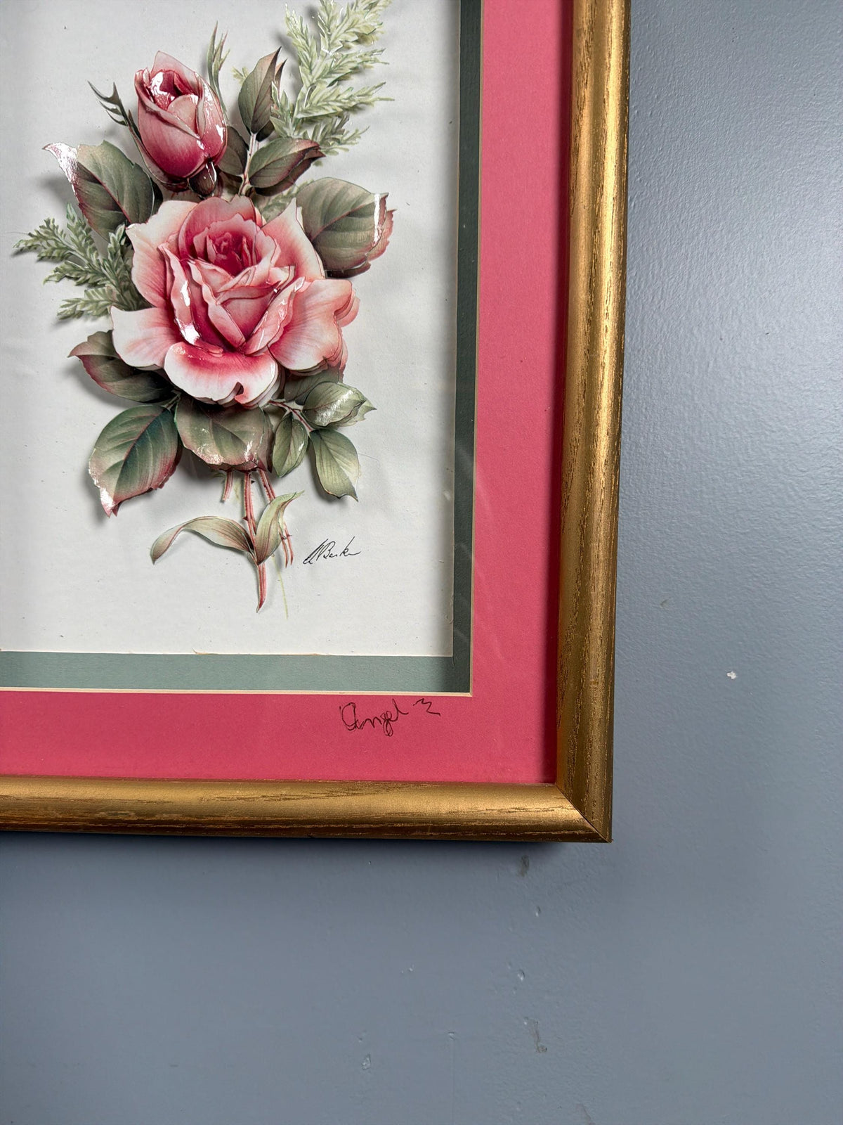 Vintage 3D Floral Decoupage Shadow Box, Dimensional Pink Roses Wall Art, Hollywood Regency Gold Frame, Cottage Romantic Decor