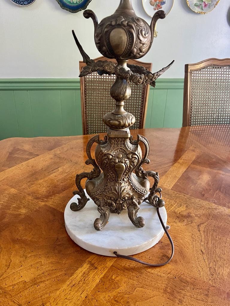 1800s Antique Gilt Ornate Brass 9 Light Italian Candelabra Electrified on Marble Stand