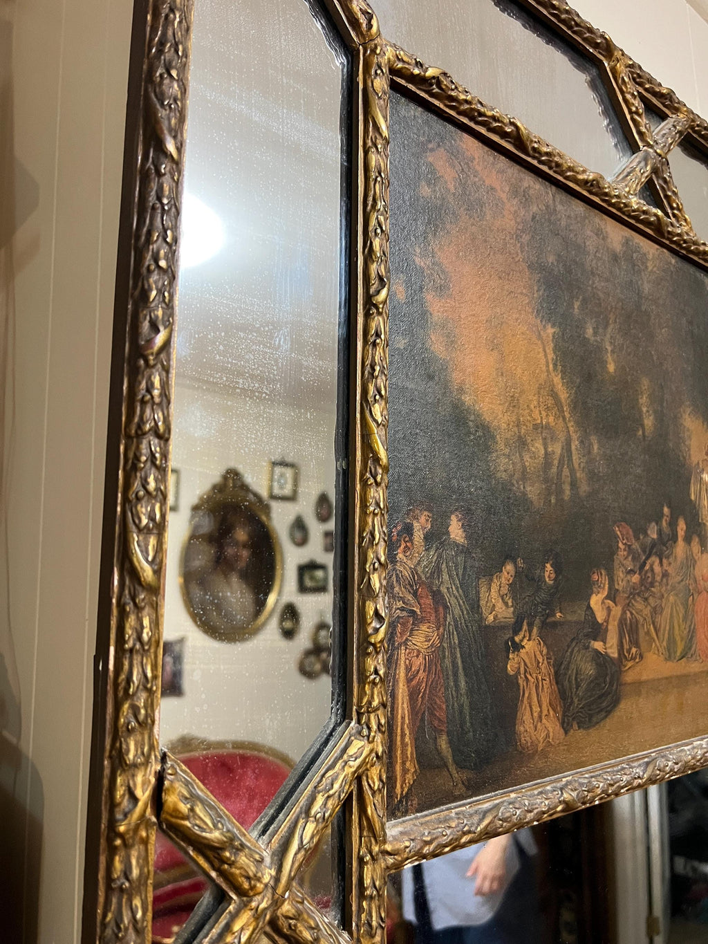 Antique  French Trumeau Gold Wood with Oil  Painting Tall Mirror 1900s