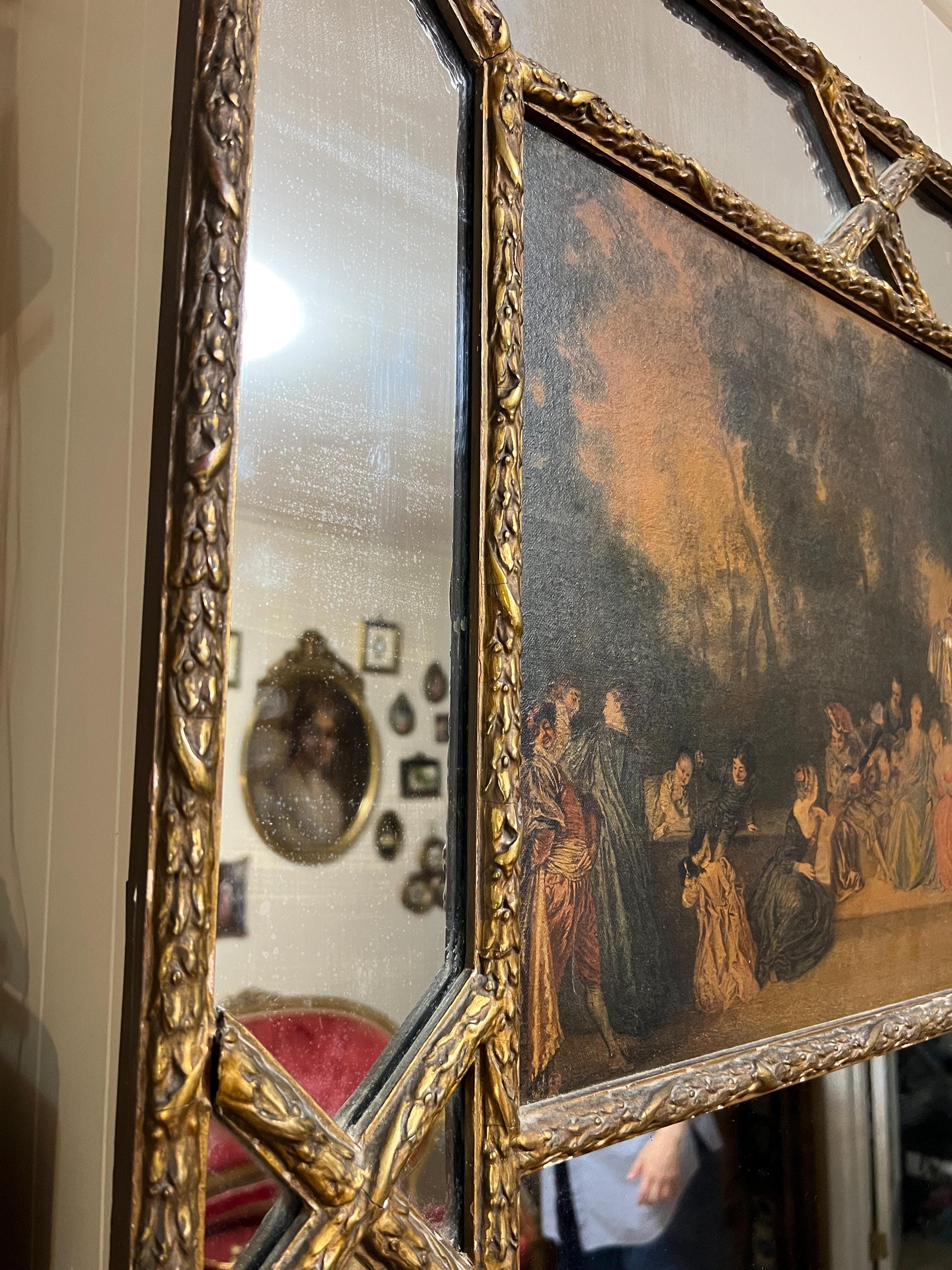 Antique  French Trumeau Gold Wood with Oil  Painting Tall Mirror 1900s