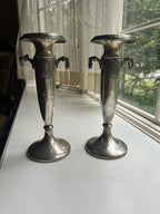 Antique Art Nouveau Silverplate Candlestick Pair Ornate Column Design Lion Head Handles Decorative Candle Holder Home Decor Display Accent