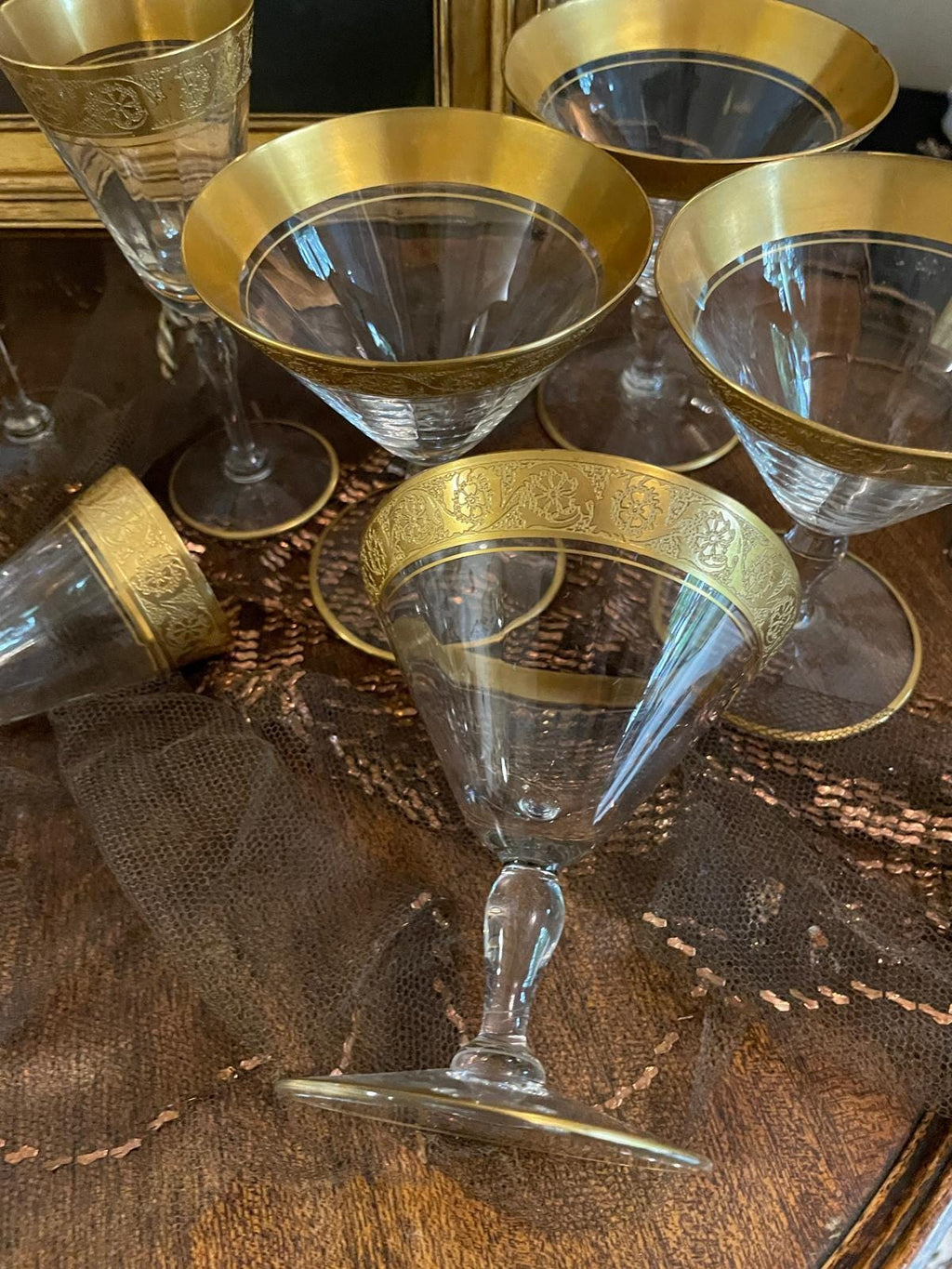 Vintage Gold Rimmed Glassware Set Crystal Dessert Plates Barware Tumblers Wine Glasses Cocktail Goblets Elegant Hollywood Regency Style