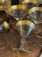 Vintage Gold Rimmed Glassware Set Crystal Dessert Plates Barware Tumblers Wine Glasses Cocktail Goblets Elegant Hollywood Regency Style