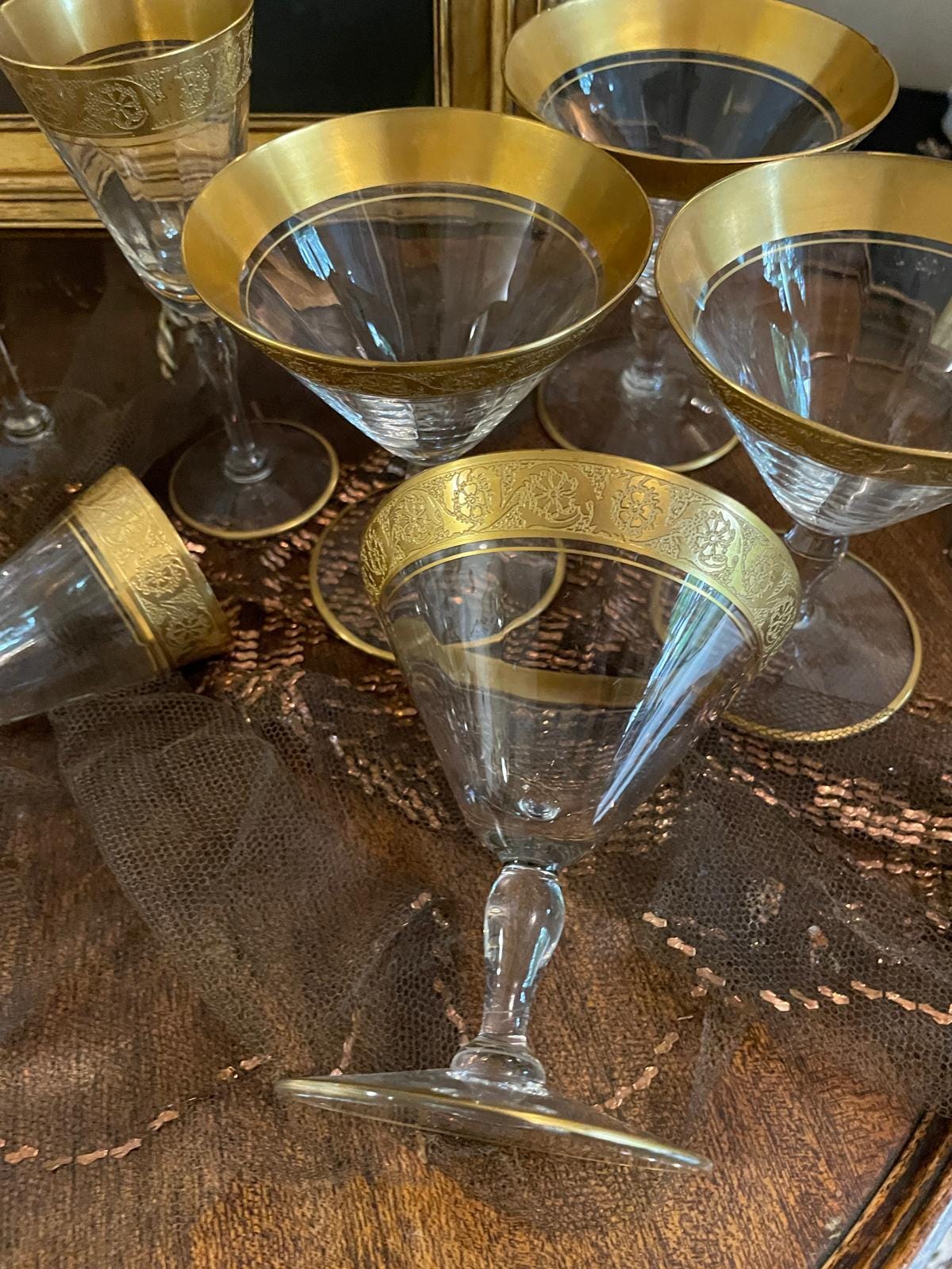 Vintage Gold Rimmed Glassware Set Crystal Dessert Plates Barware Tumblers Wine Glasses Cocktail Goblets Elegant Hollywood Regency Style