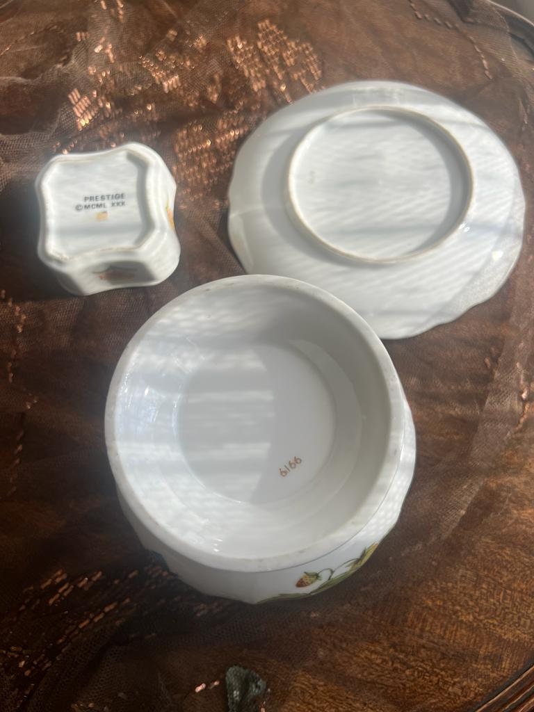 Vintage Prestige Porcelain Strawberry Butterfly Motif Cachepot Dish Box Trio Decorative White Gold Trim Floral Insect Garden Inspired