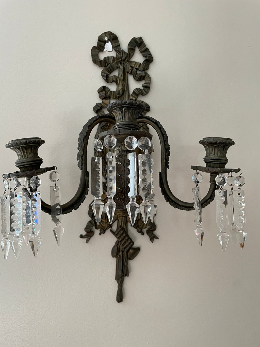 Pair of Antique 19th Century French Bronze Cut Crystal Prism 3 Arm Candlestick Wall Sconces Candelabra