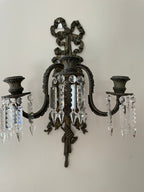 Pair of Antique 19th Century French Bronze Cut Crystal Prism 3 Arm Candlestick Wall Sconces Candelabra