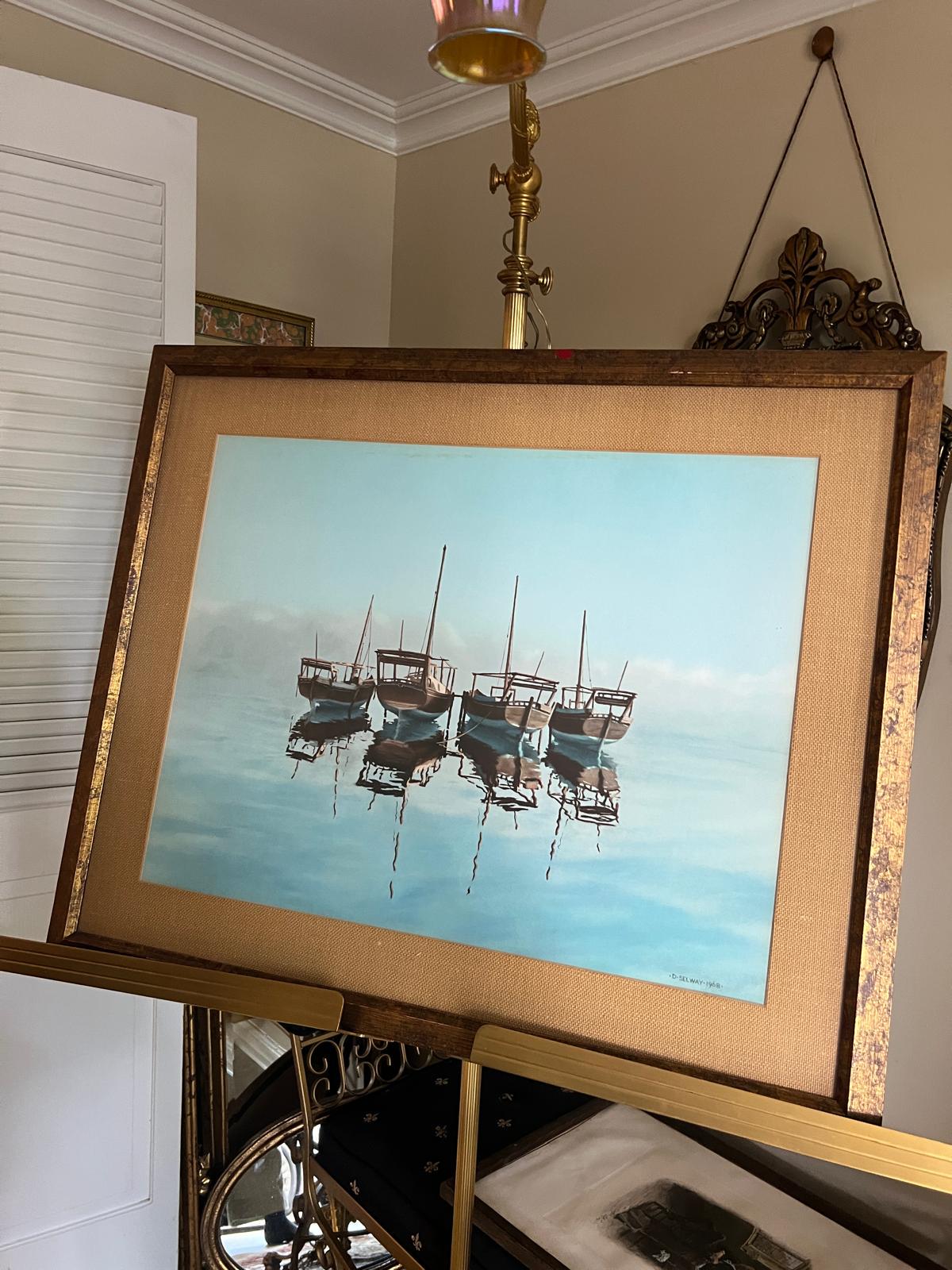 Vintage Framed Painting Serene Coastal Scene Boats Reflection Elegant Gold Frame Nautical Artwork Living Room Bedroom Office Home Decoration