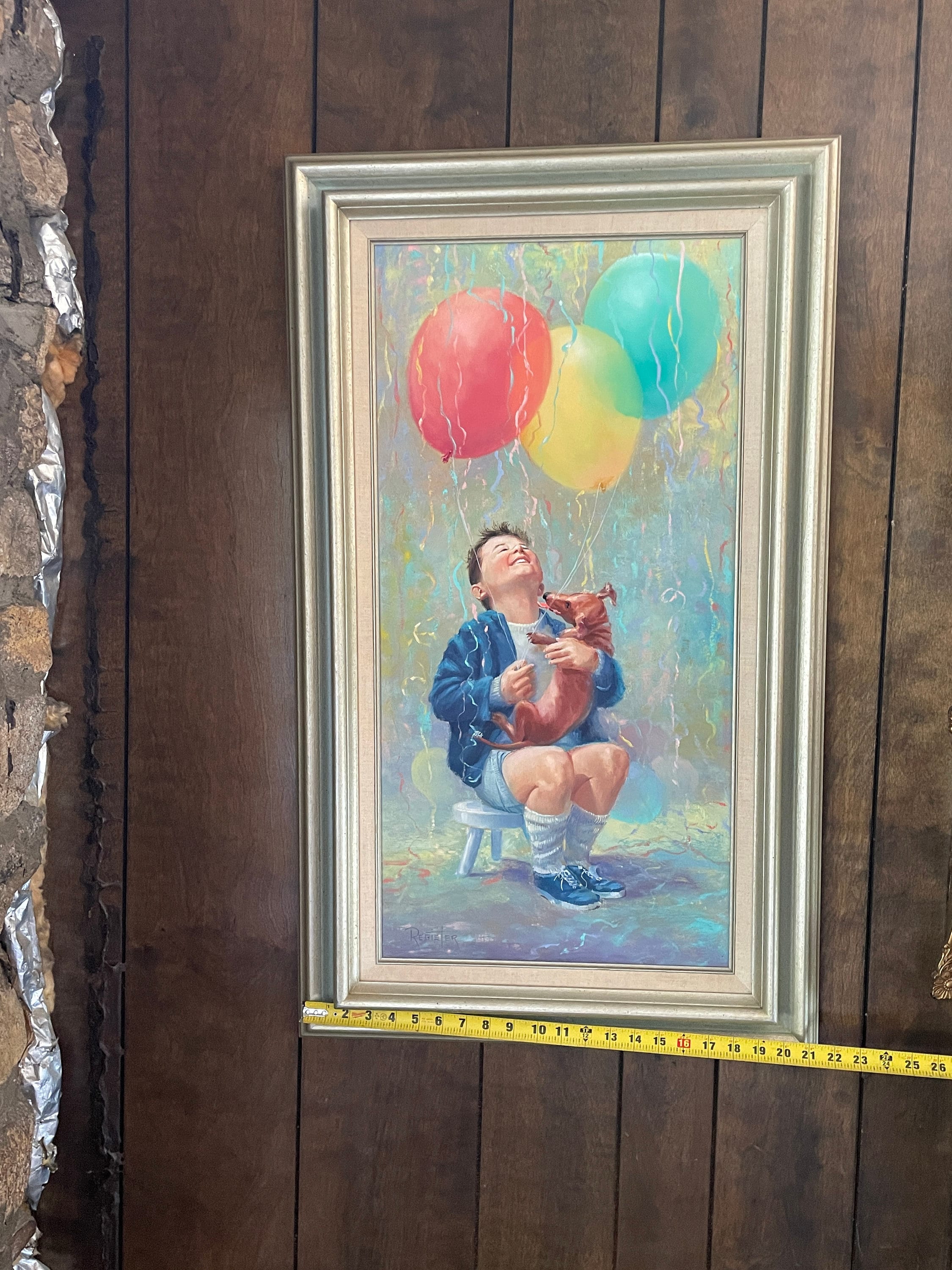 Vintage Painting Boy with Balloons and Puppy Whimsical Wall Original Oil Painting Reinter Signed. Decorative Wall Art 1950s Wall Art 35" 21"