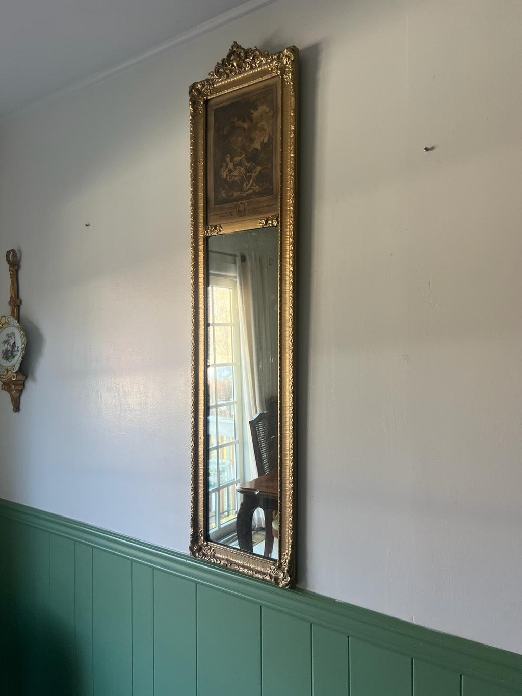 Antique French Trumeau Wall Mirror Ornate Gold Frame Etching Glass Rococo Style Large Gilded Victorian Decoration Hallway Accent Piece