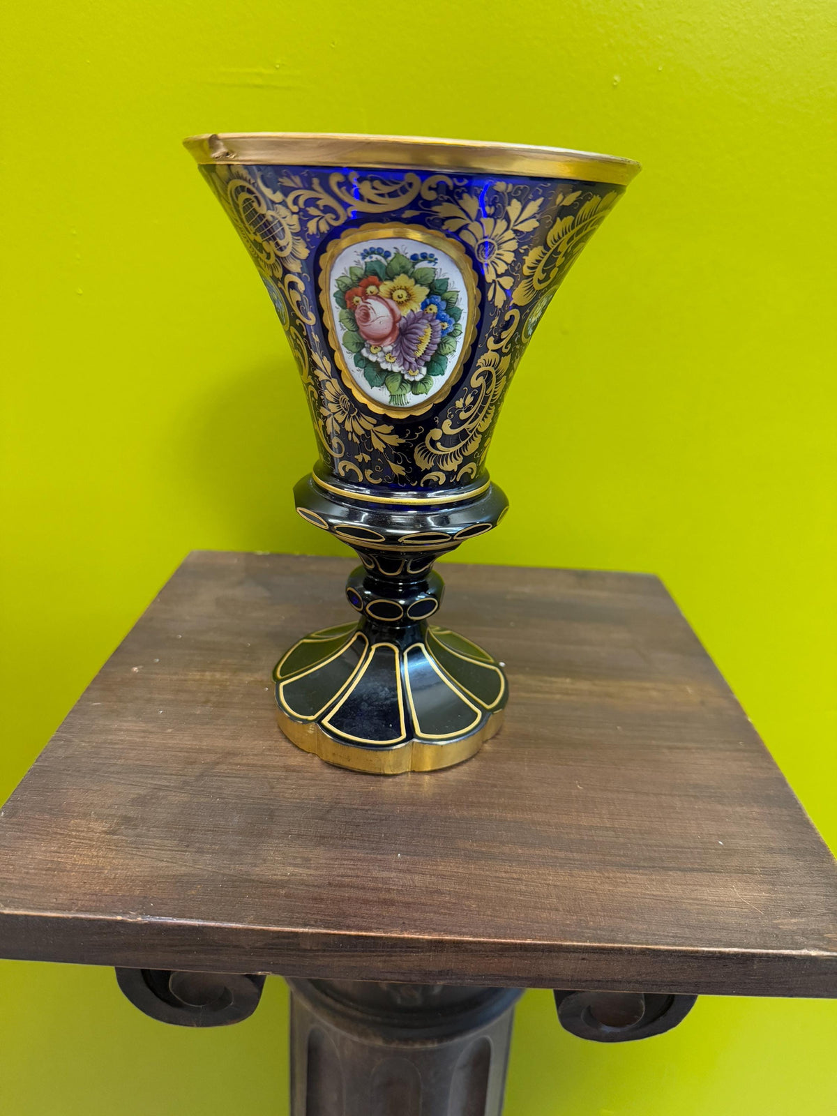 Antique Bohemian Enamel Gilded Art Glass Cobalt Blue Hand Painted Vase Goblet  Floral Medallions Moser Style Decorative