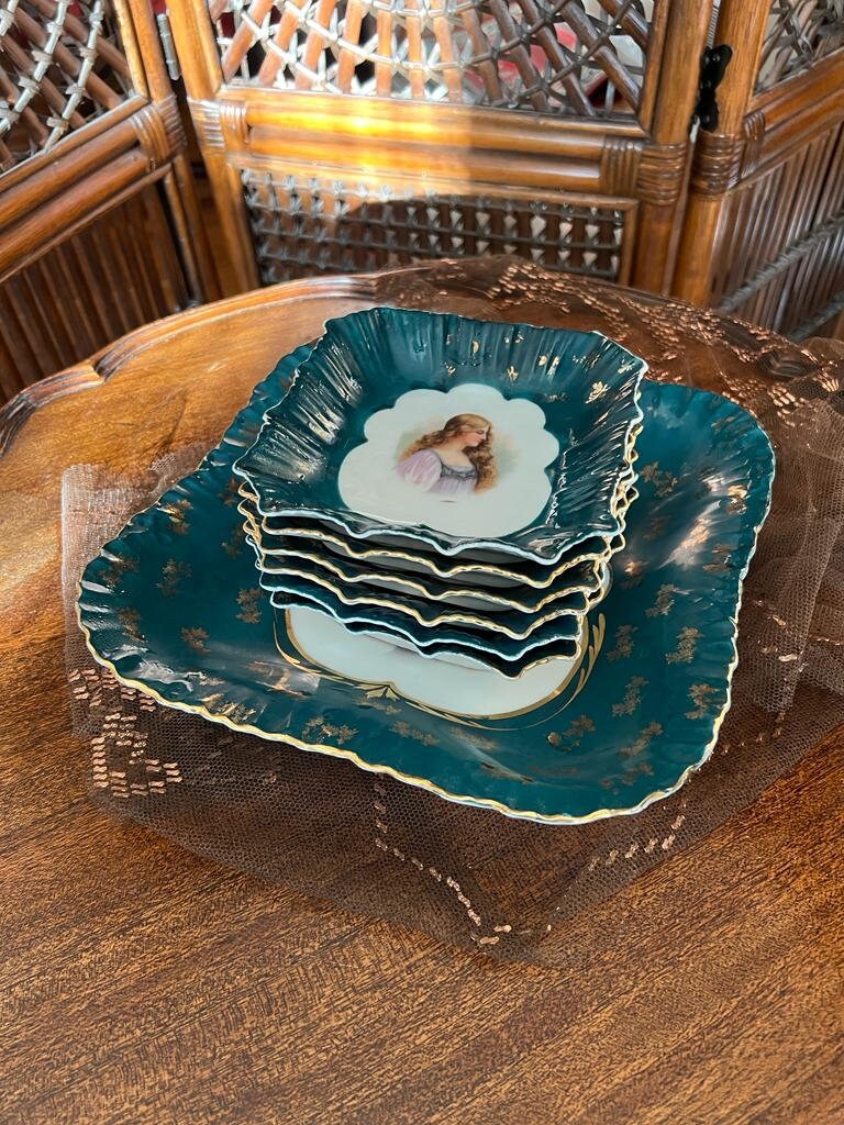 Antique Teal Porcelain Plate Set Hand Painted Lady Portrait Gold Gilded Victorian Decorative Dishware French Style Unique Wall Display
