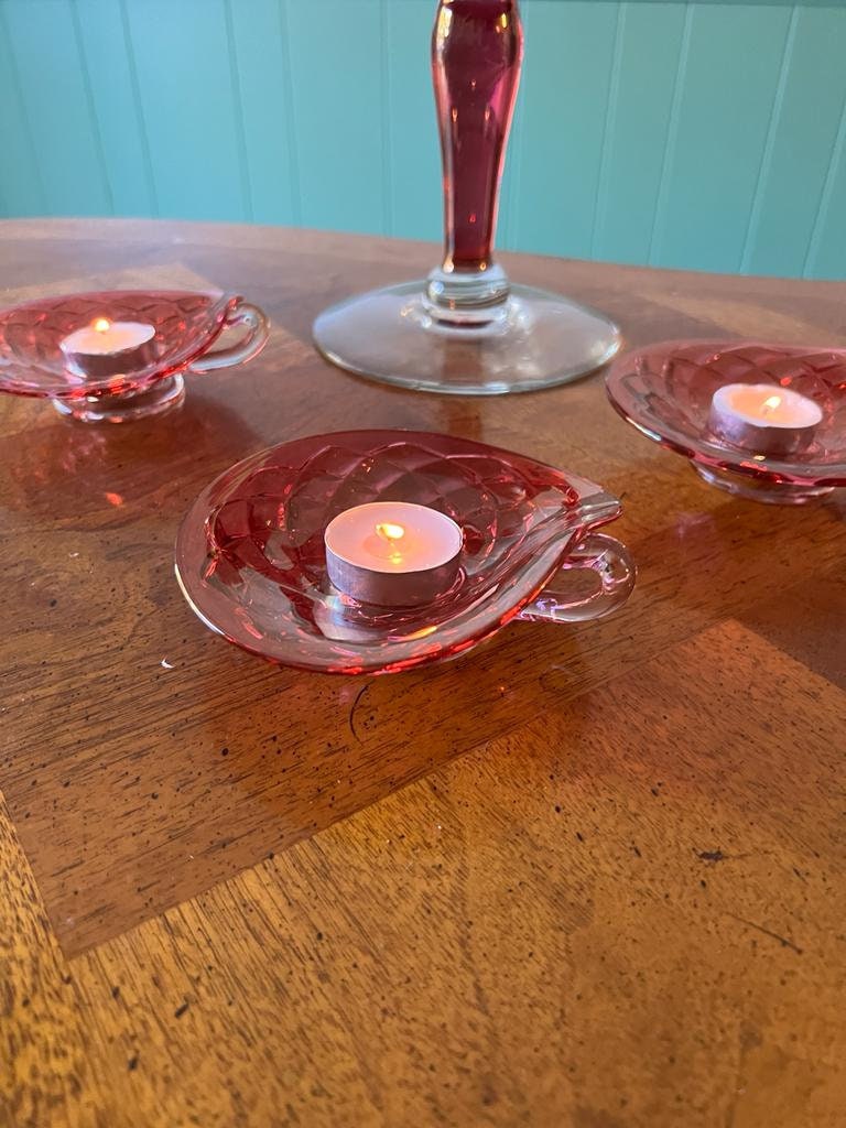 Vintage Ruby Red Glass Centerpiece Set Including Large Footed Bowl Three Candle Holders Elegant Iridescent Mid Century Decor Romantic Tablet